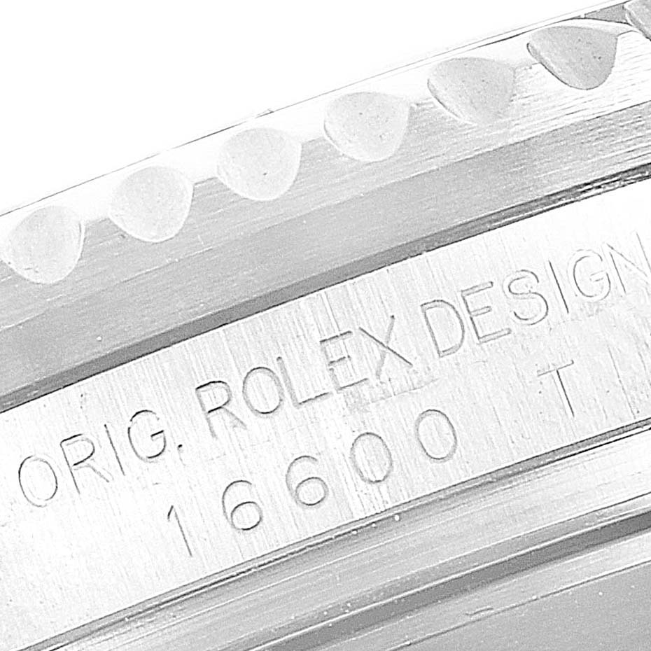 This image shows the side view of the case with the engraved design and model number of the Rolex Sea-Dweller 16600 Men
s Stainless Steel Black Dial 16600 Men
s Stainless Steel Black Dial 16600.