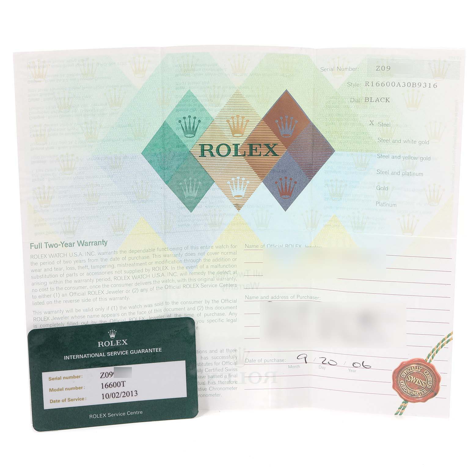 This image shows the warranty paperwork and an international service guarantee card for the Rolex Sea-Dweller 16600 Men
s Stainless Steel Black Dial 16600 Men
s Stainless Steel Black Dial watch model.