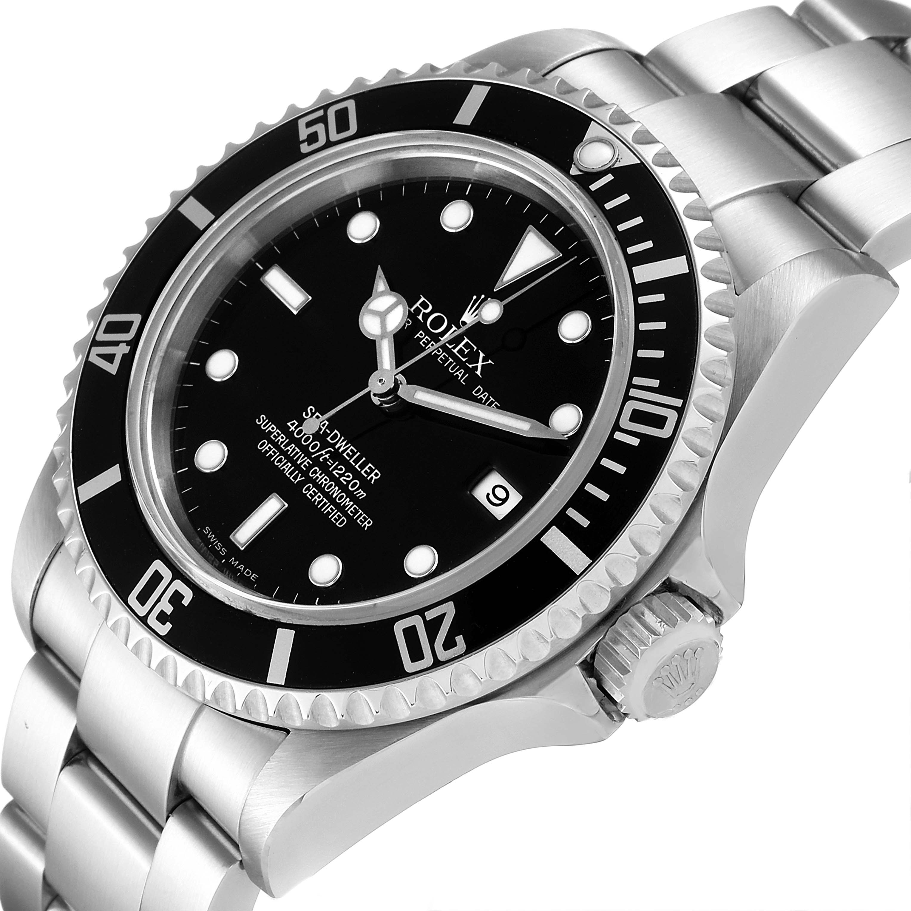 The image shows a close-up of the Rolex Sea-Dweller 16600 Men's Stainless Steel Black Dial 16600 Men's Stainless Steel Black Dial watch from an angled perspective, highlighting the dial, bezel, crown, and part of the bracelet.