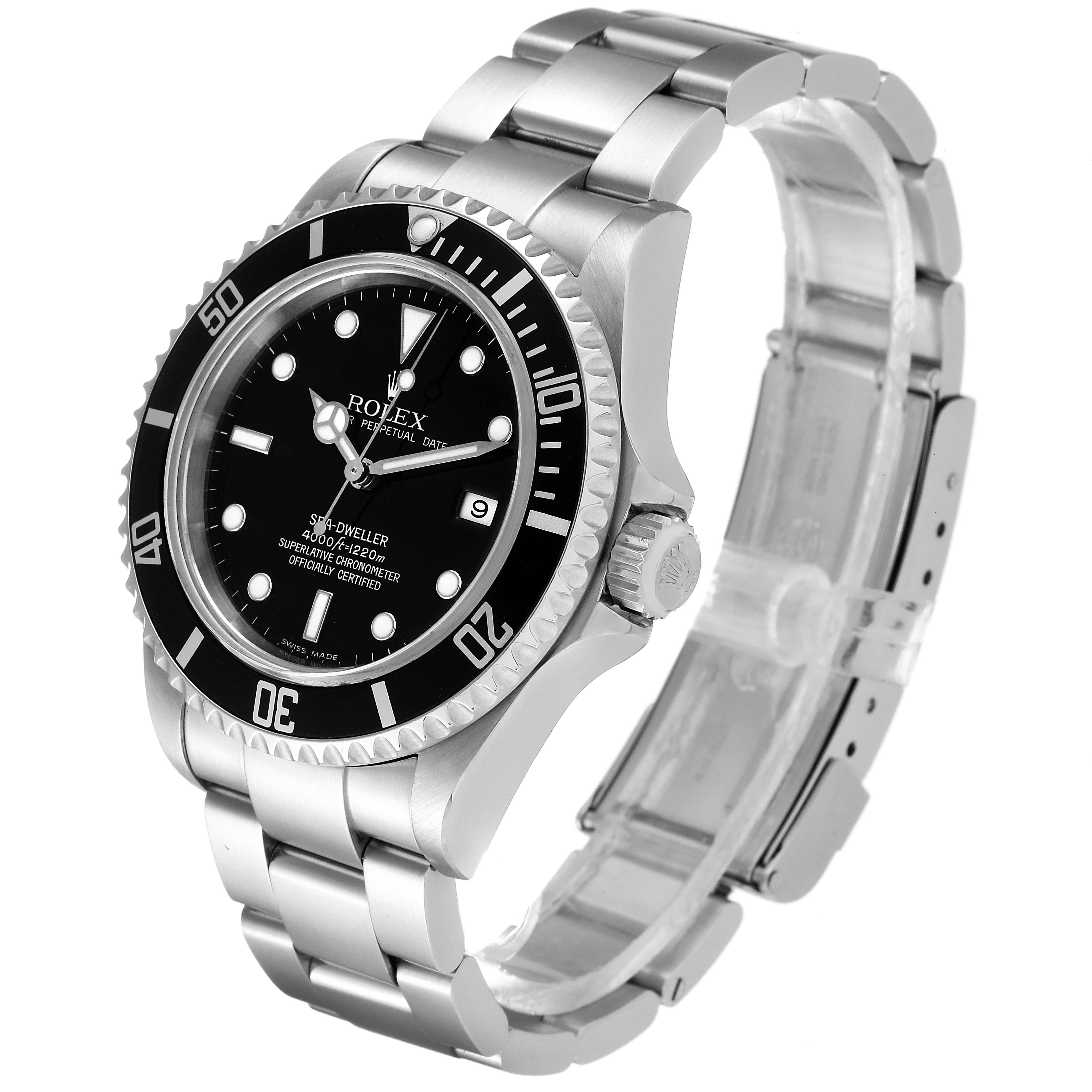 The image shows a Rolex Sea-Dweller 16600 Men's Stainless Steel Black Dial 16600 Men's Stainless Steel Black Dial watch at a three-quarter angle, highlighting the bezel, dial, crown, and bracelet.