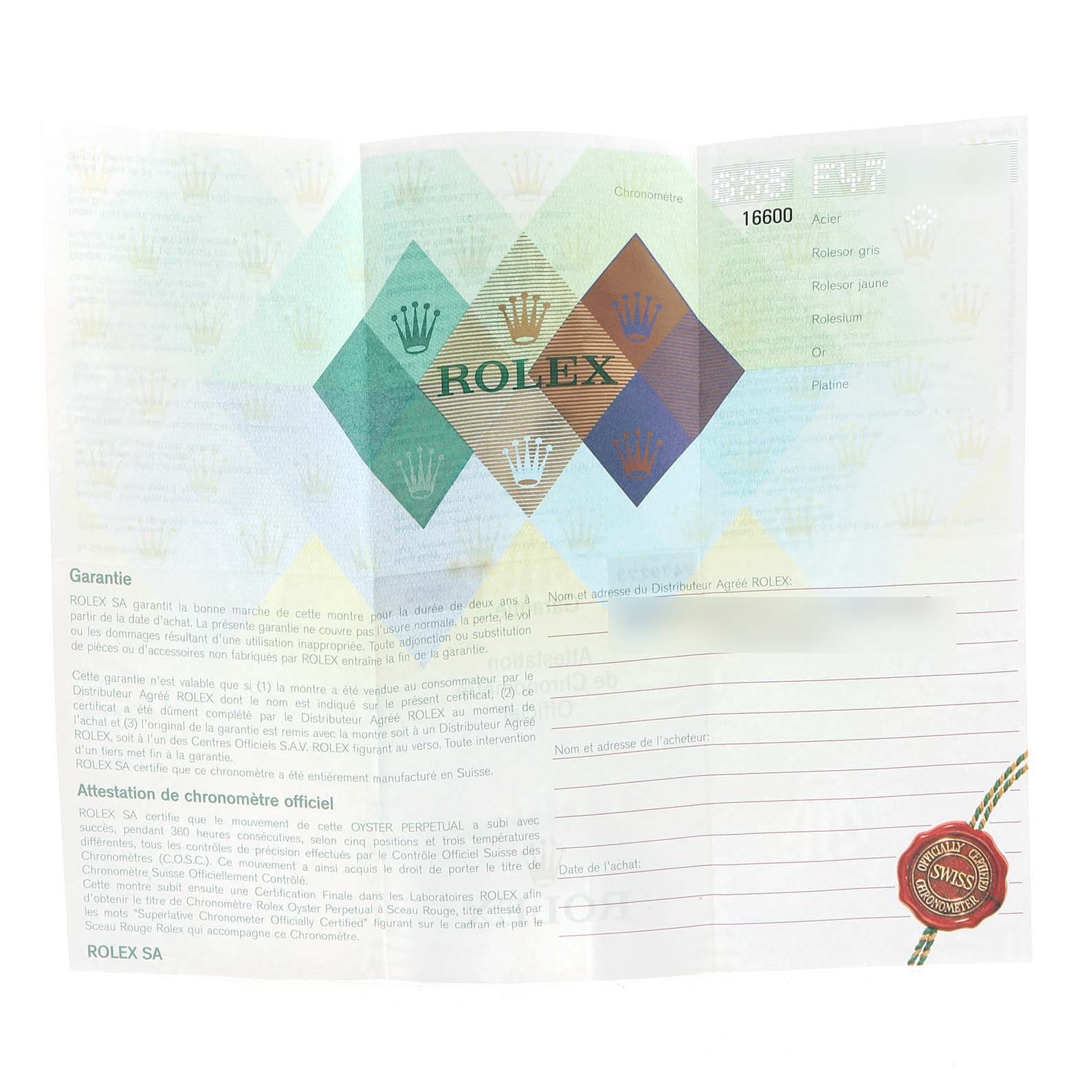 The image shows a warranty document for the Rolex Sea-Dweller 16600 Men's Stainless Steel Black Dial 16600 Men's Stainless Steel Black Dial watch model 16600.