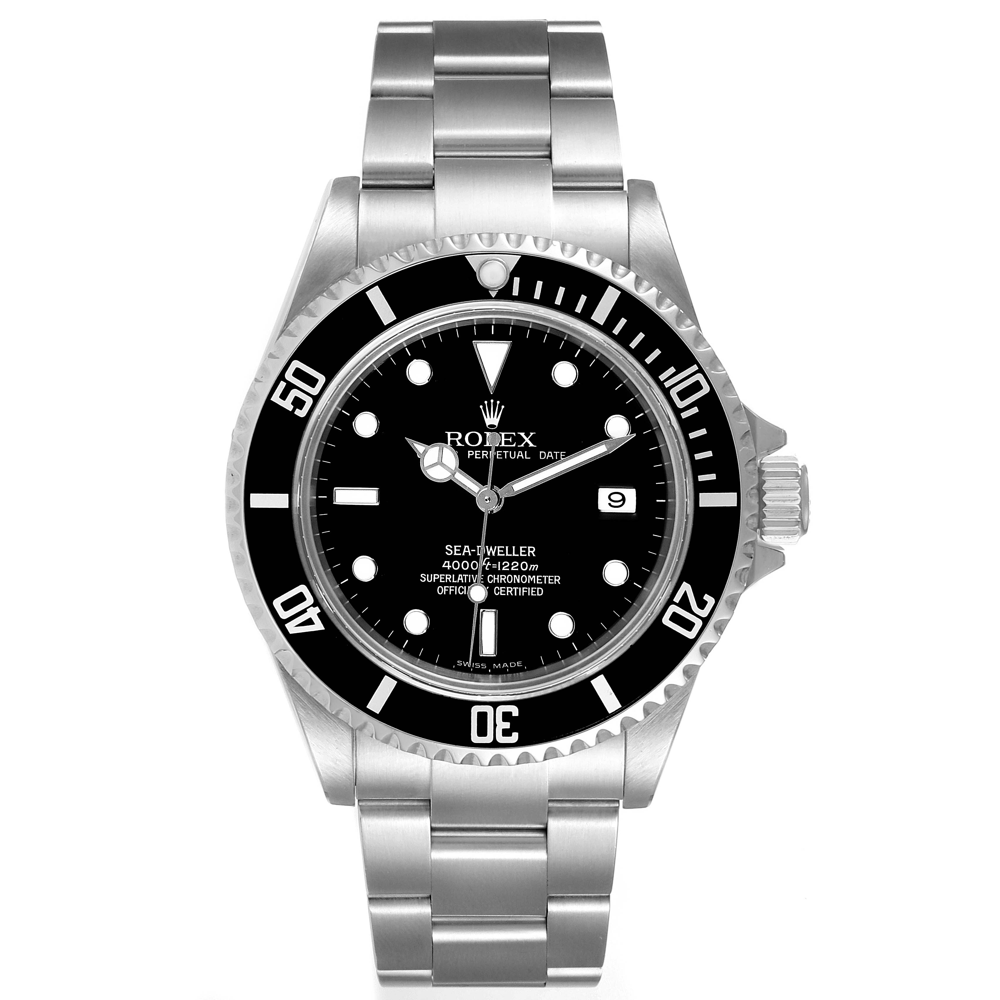 This image shows a front view of the Rolex Sea-Dweller 16600 Men's Stainless Steel Black Dial 16600 Men's Stainless Steel Black Dial watch, including the dial, bezel, crown, and bracelet.