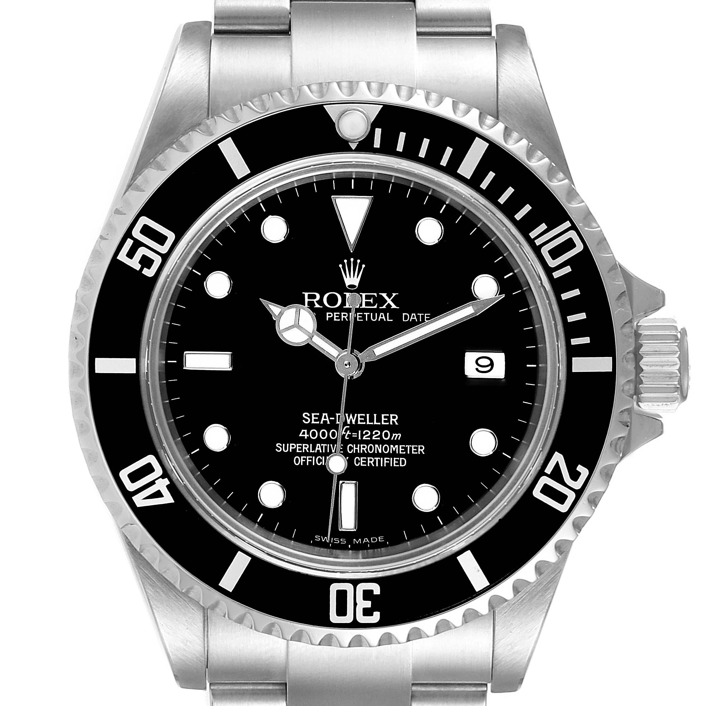The Rolex Sea-Dweller 16600 Men's Stainless Steel Black Dial 16600 Men's Stainless Steel Black Dial watch is shown from the front, displaying its face, bezel, crown, and part of the metal strap.