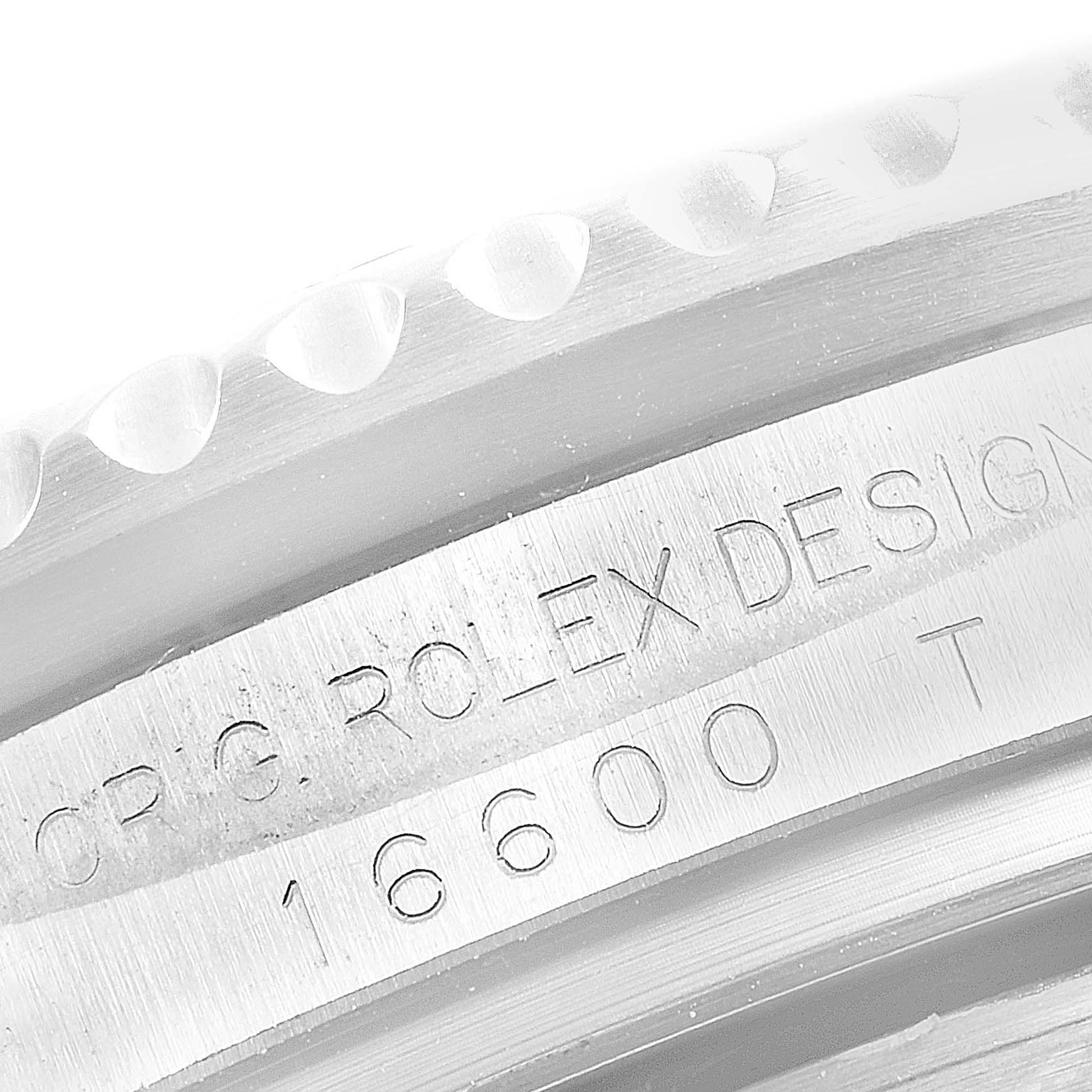 The image shows a close-up of the case back engraving on a Rolex Sea-Dweller 16600 Men's Stainless Steel Black Dial 16600 Men's Stainless Steel Black Dial watch showing the model number 16600.