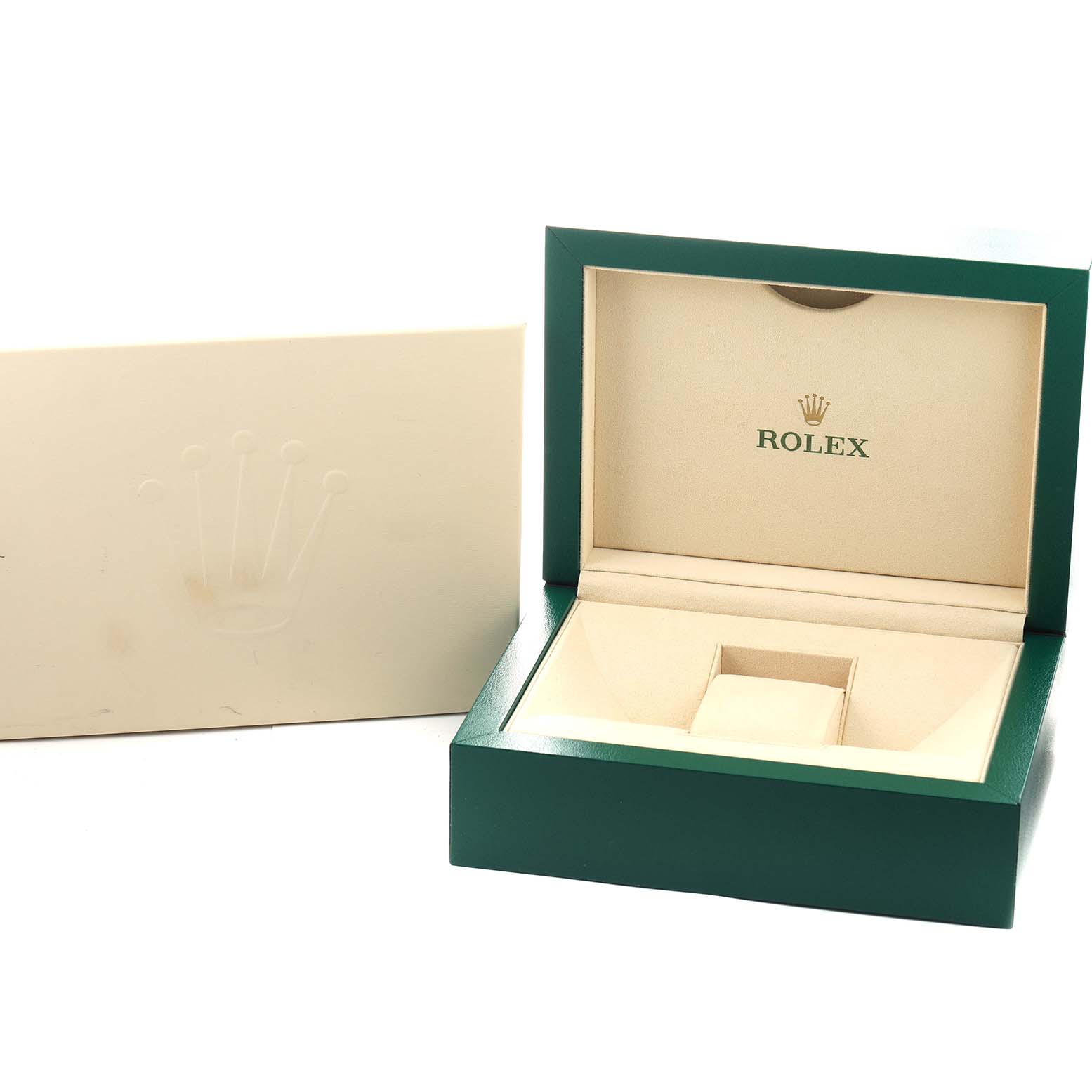 The image shows an open Rolex Sky-Dweller 326933 Men's Steel and Gold (two tone) White Dial watch box and outer packaging at an angle, displaying the interior and logo.