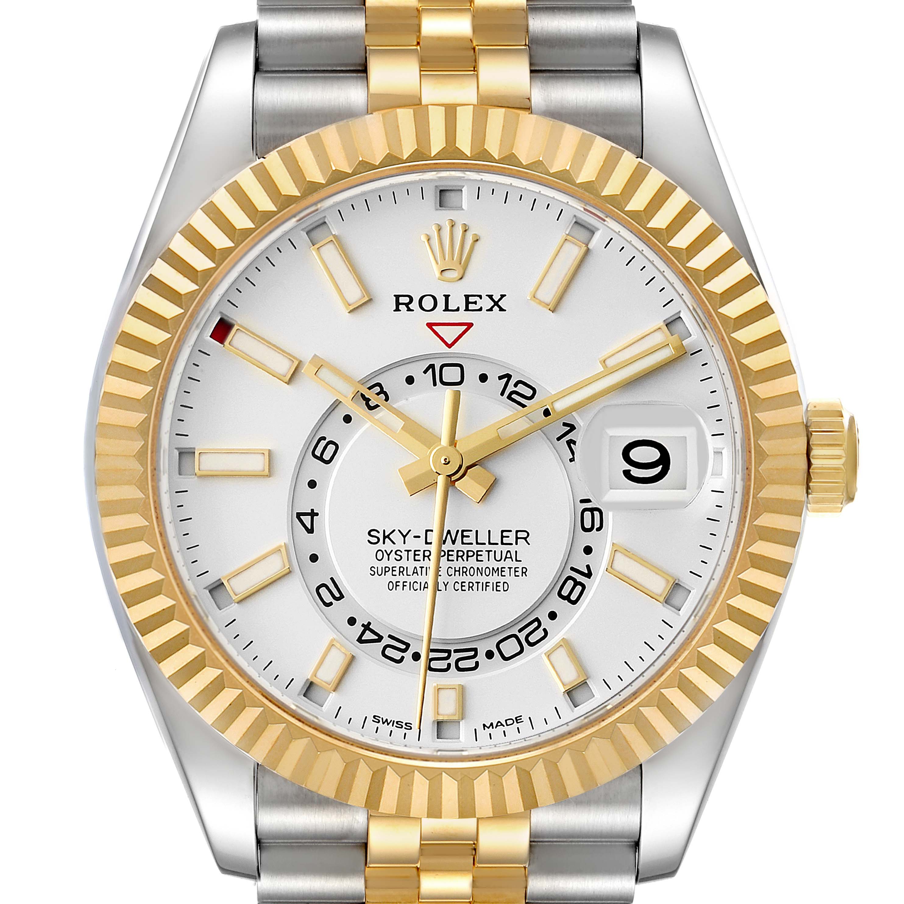 The Rolex Sky-Dweller 326933 Men's Steel and Gold (two tone) White Dial is shown from a top-down angle displaying its dial, bezel, crown, and part of the bracelet.
