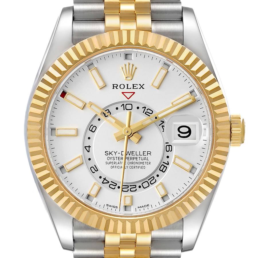 The Rolex Sky-Dweller 326933 Men's Steel and Gold (two tone) White Dial is shown from a top-down angle displaying its dial, bezel, crown, and part of the bracelet.