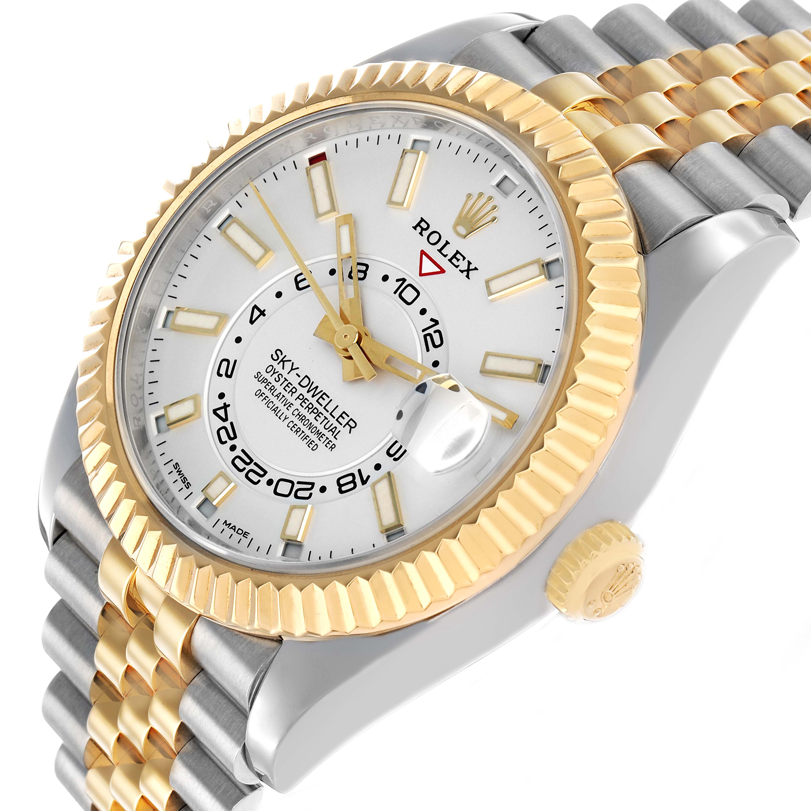 The Rolex Sky-Dweller 326933 Men's Steel and Gold (two tone) White Dial watch is shown at a slight angle highlighting the face, bezel, crown, and part of the bracelet.