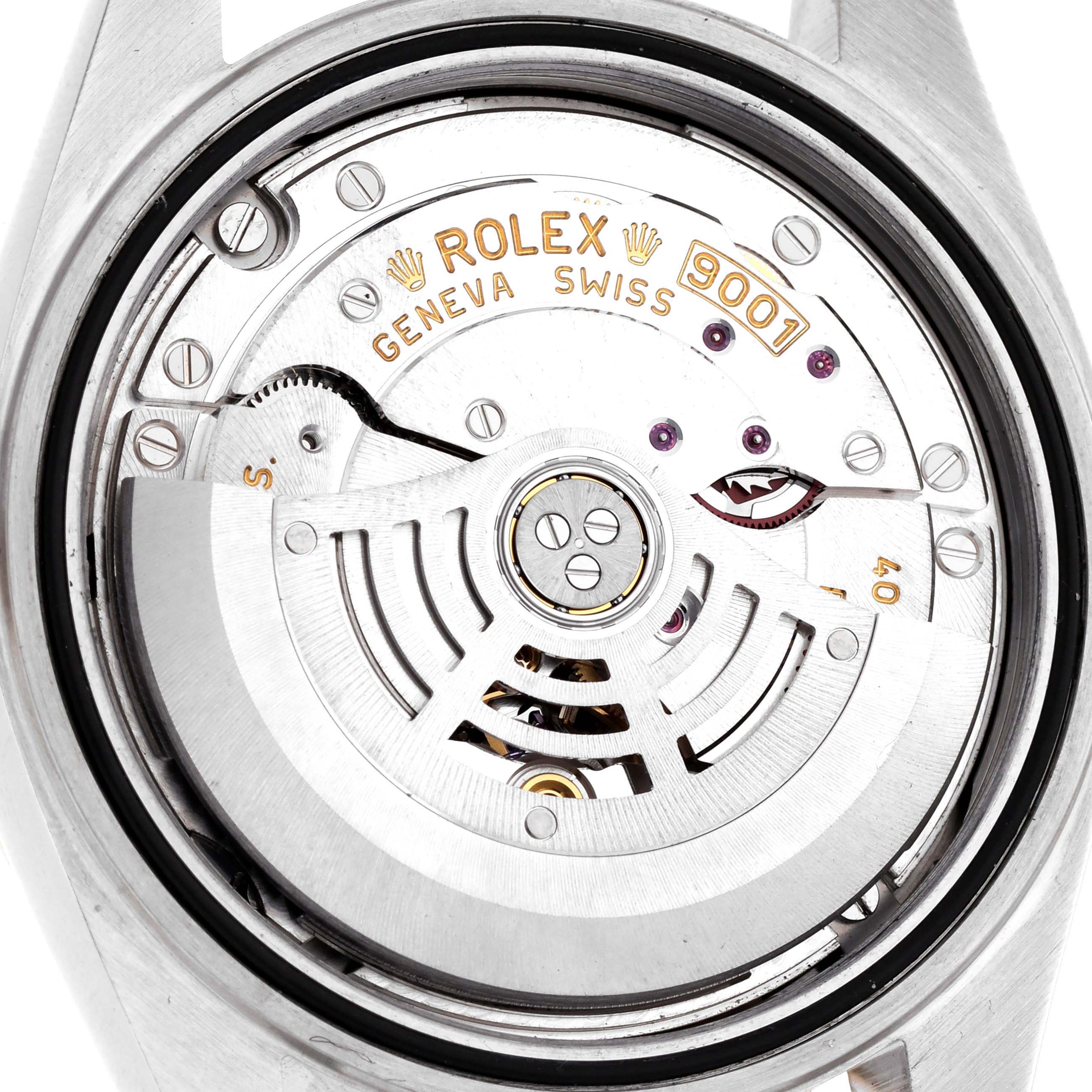 The image shows the back view of a Rolex Sky-Dweller 326933 Men's Steel and Gold (two tone) White Dial, displaying its intricate movement and rotor.