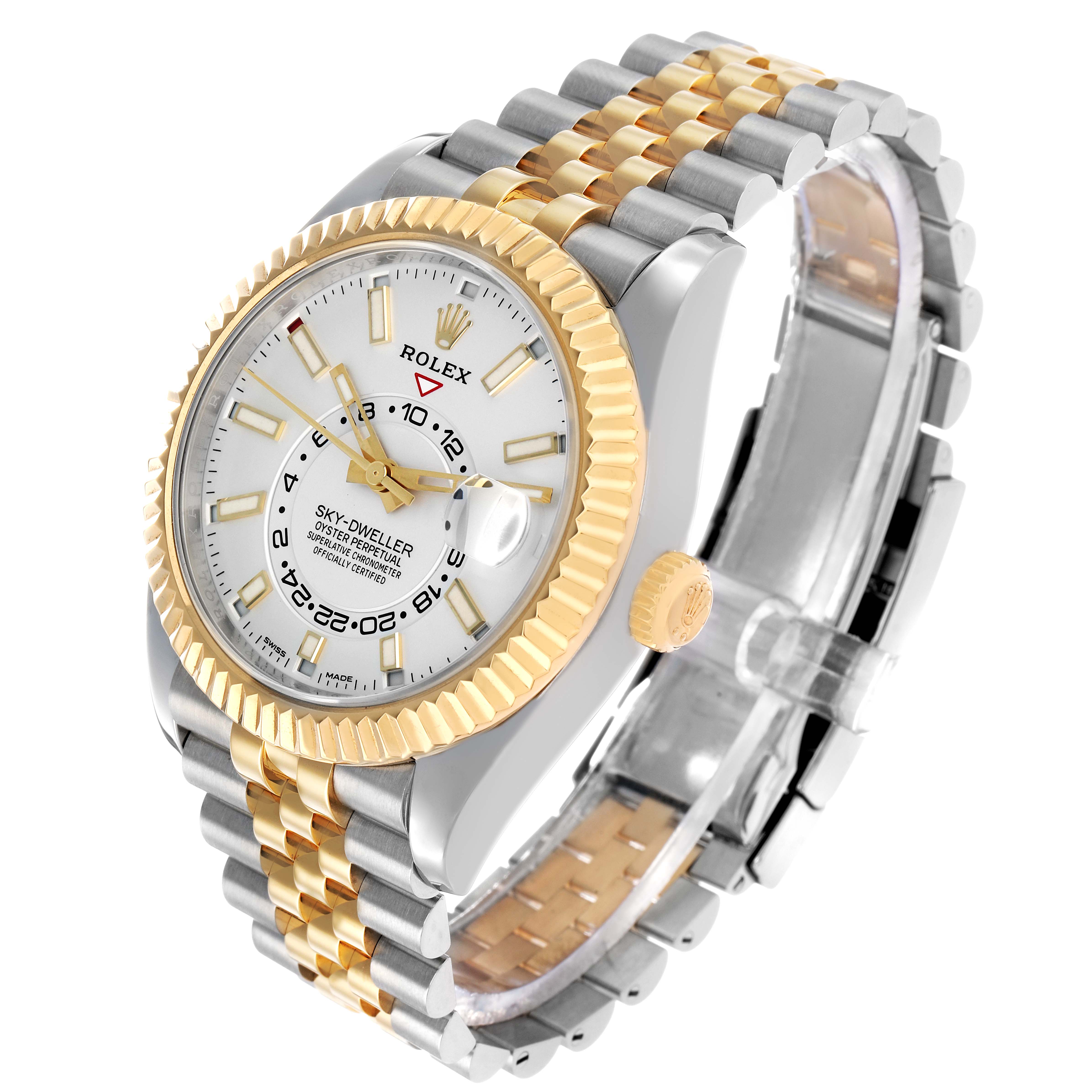 The Rolex Sky-Dweller 326933 Men's Steel and Gold (two tone) White Dial watch is shown at an angle highlighting the dial, bezel, crown, and two-tone bracelet.