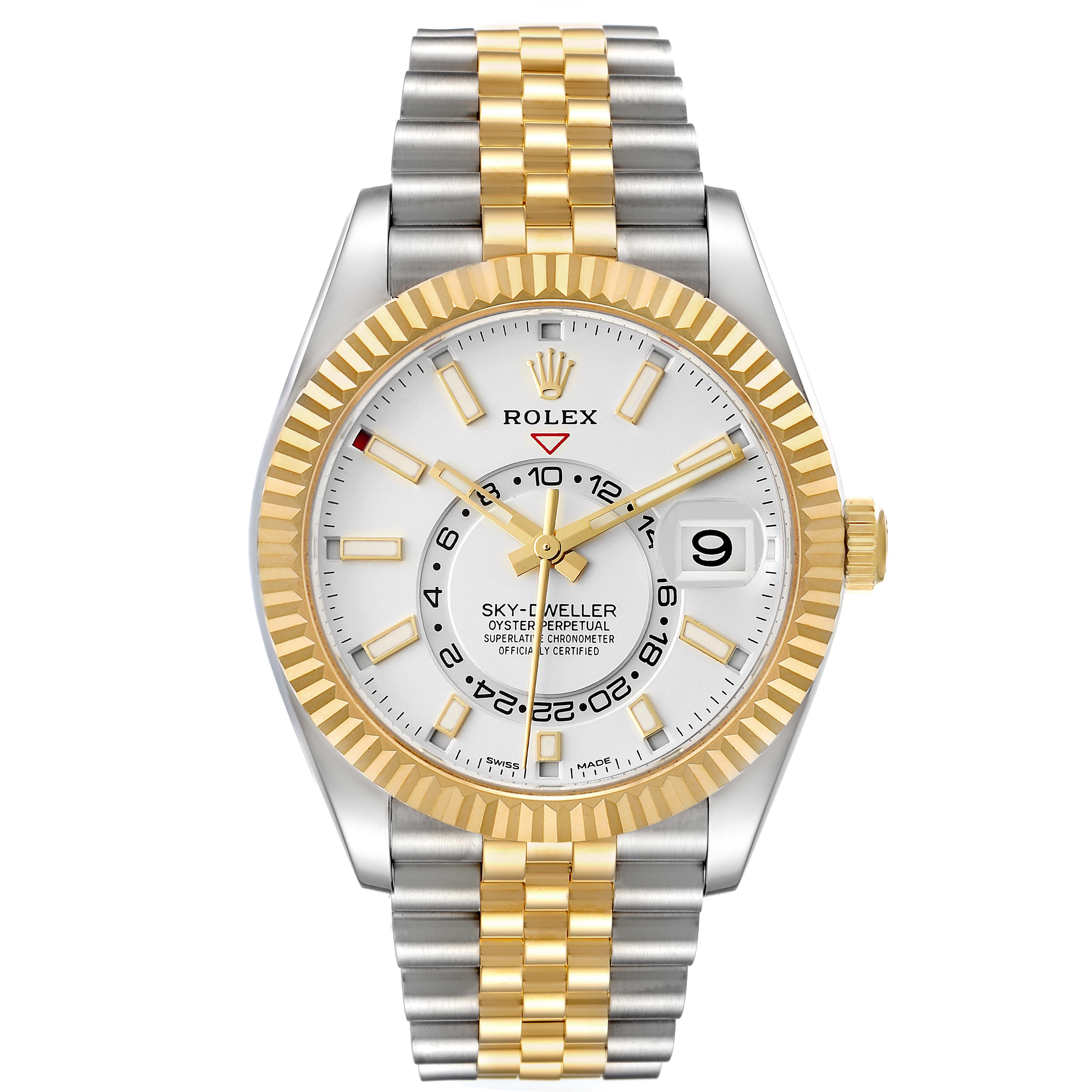 The Rolex Sky-Dweller 326933 Men's Steel and Gold (two tone) White Dial is shown from the front, displaying the face, bezel, bracelet, and crown.