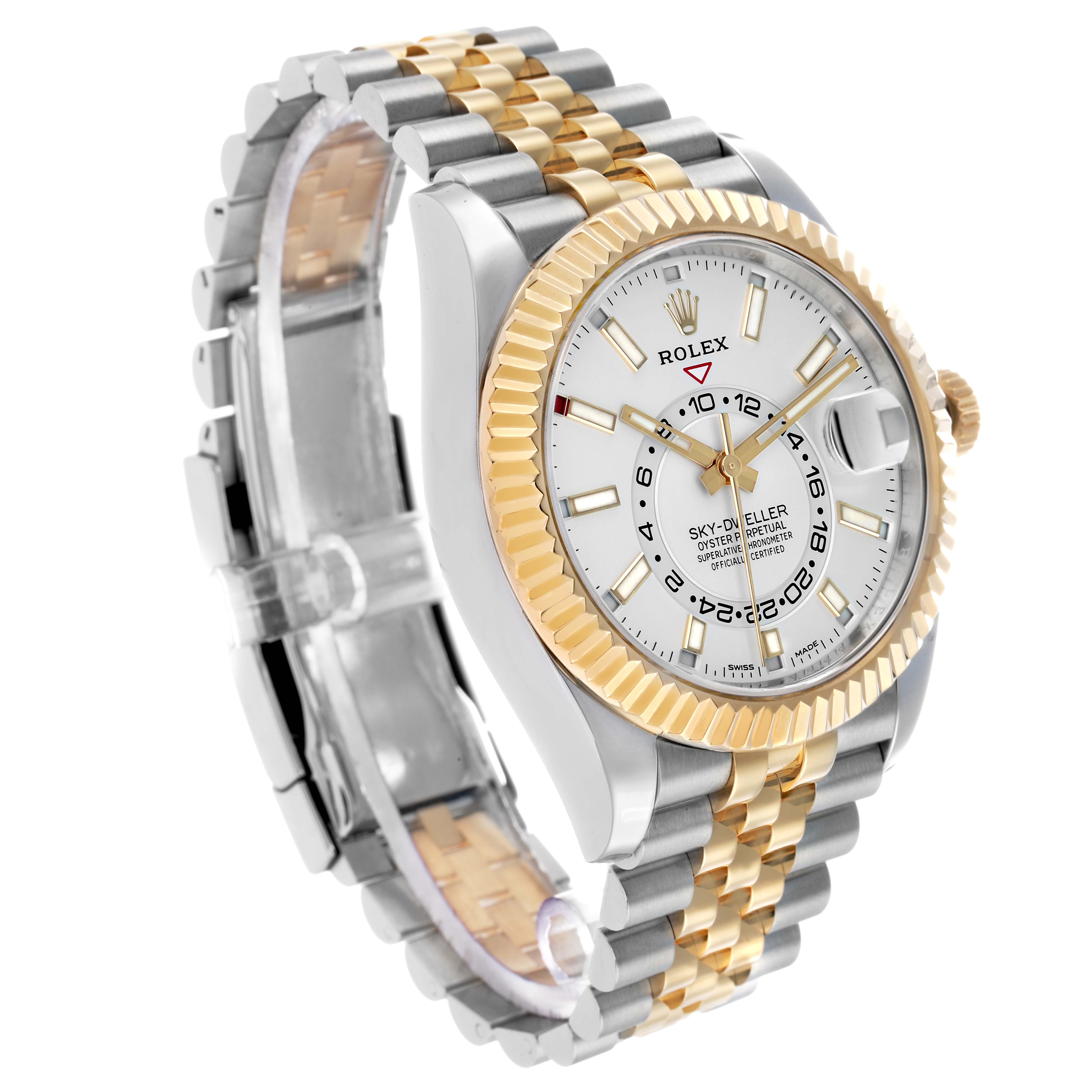 The Rolex Sky-Dweller 326933 Men's Steel and Gold (two tone) White Dial watch is shown at a slight angle, revealing the face, bezel, crown, and bracelet.