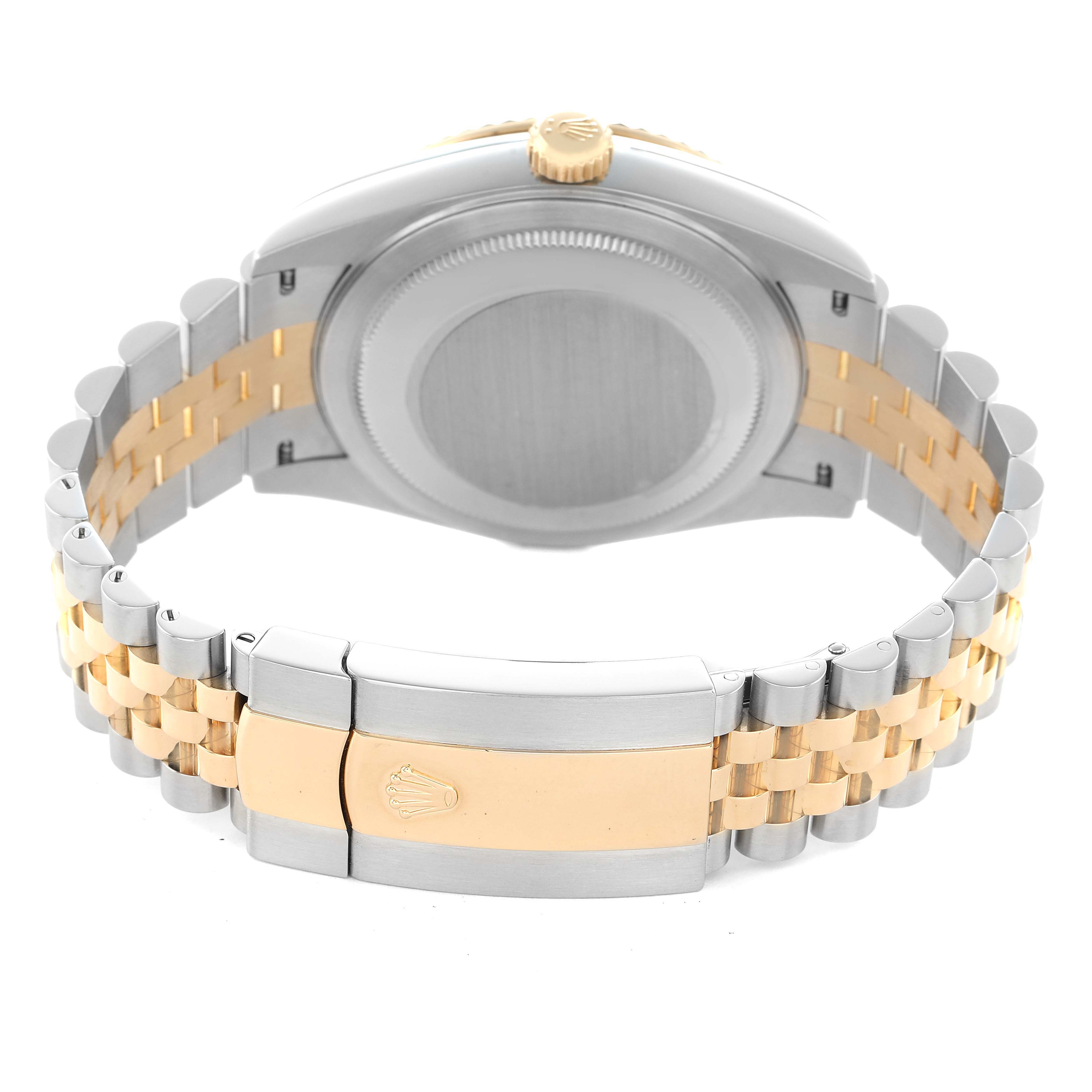 The image shows a Rolex Sky-Dweller 326933 Men's Steel and Gold (two tone) White Dial watch from the back, highlighting the clasp and bracelet.