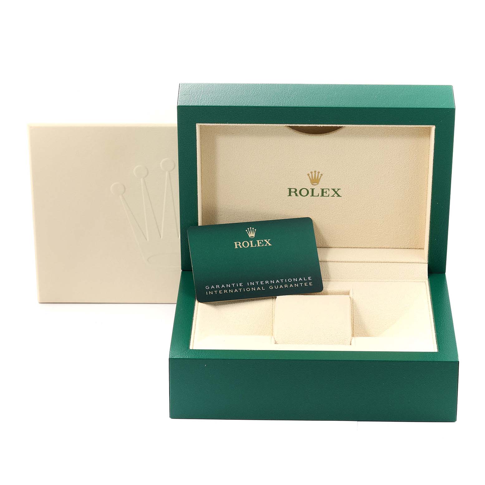 The image shows the open packaging box and international guarantee card for a Rolex Submariner 126613 Men's Steel and Gold (two tone) Blue Dial 126613 Men's Steel and Gold (two tone) Blue Dial watch.