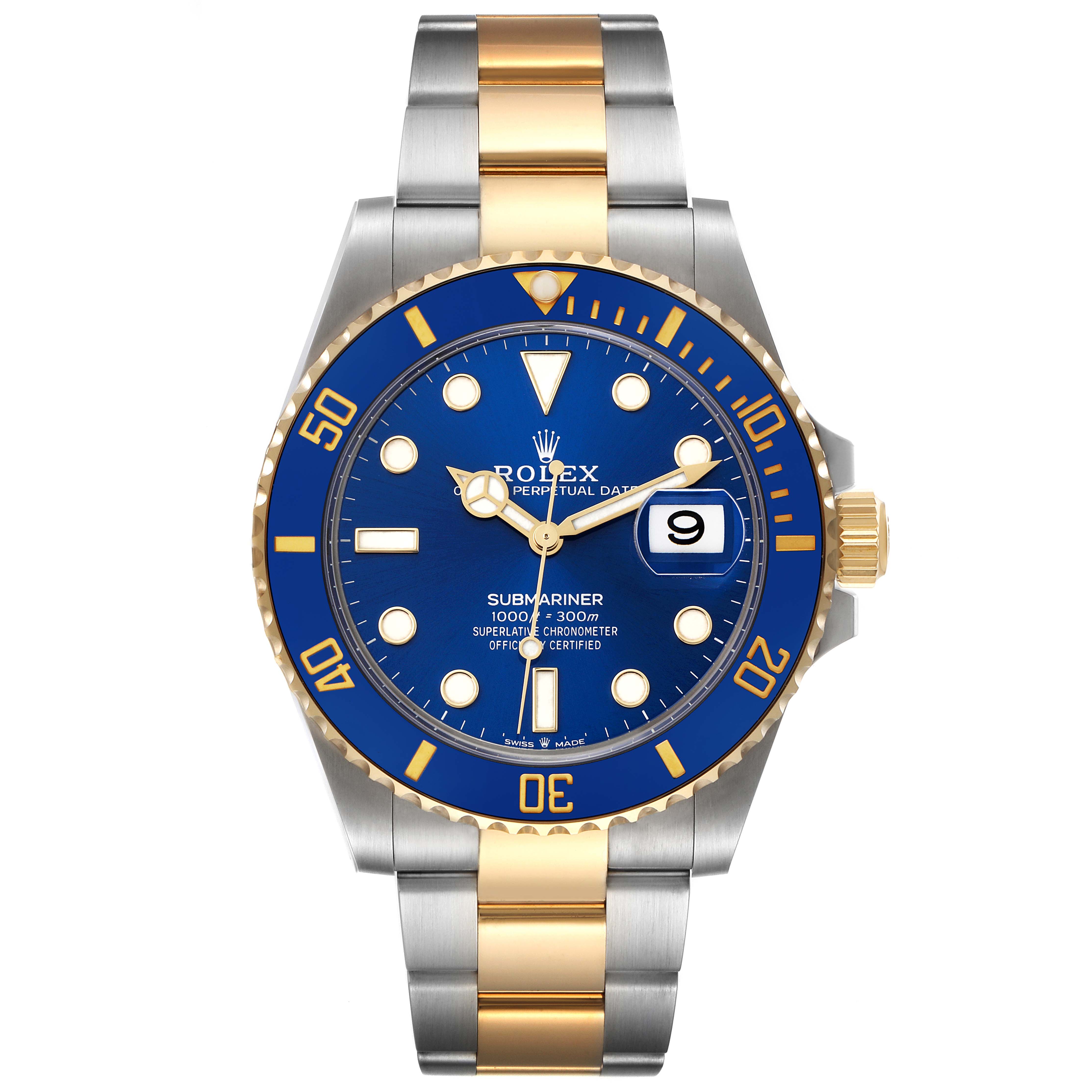 The Rolex Submariner 126613 Men's Steel and Gold (two tone) Blue Dial 126613 Men's Steel and Gold (two tone) Blue Dial model is shown from a front angle, displaying the face, bezel, and bracelet.
