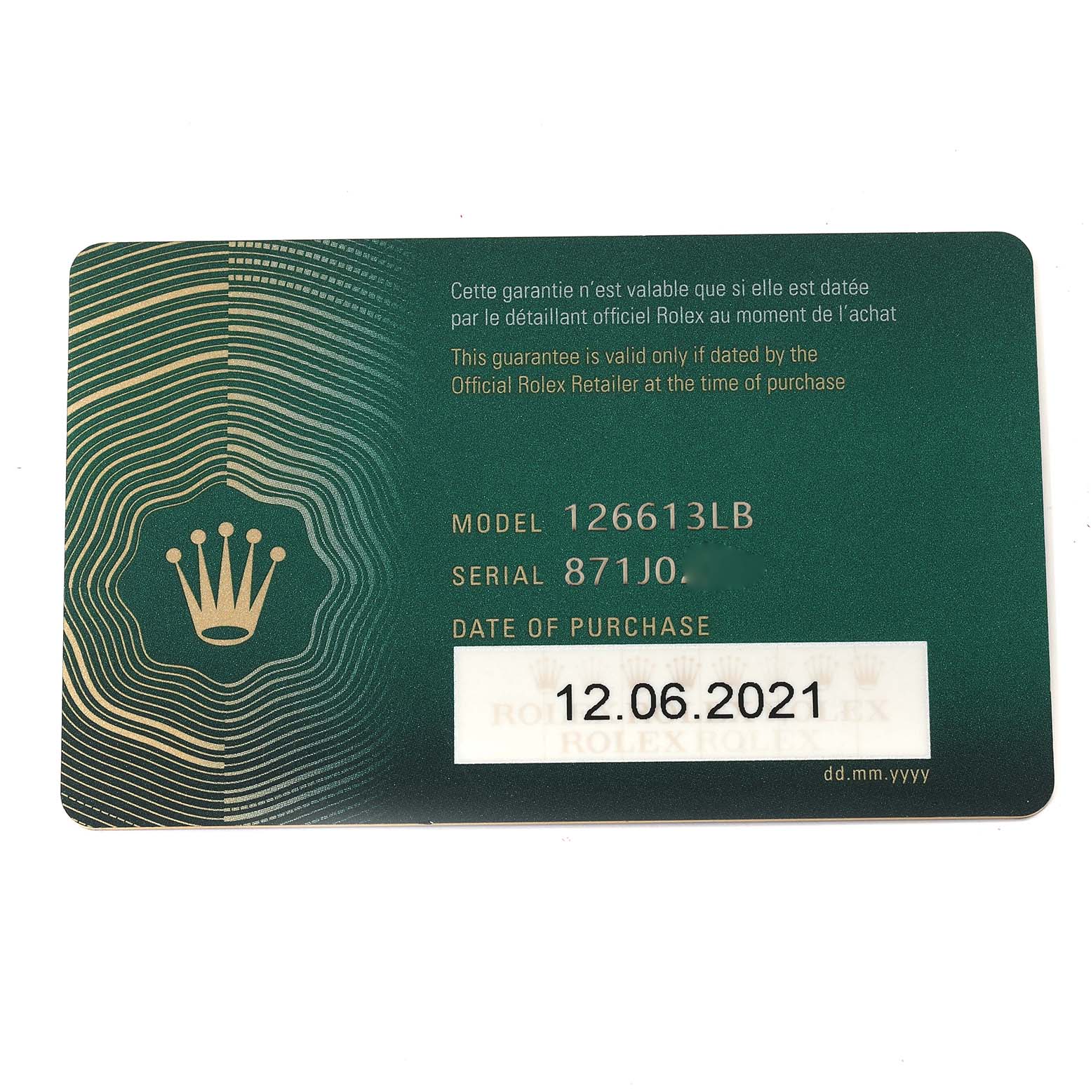 This image shows the warranty card for a Rolex Submariner 126613 Men's Steel and Gold (two tone) Blue Dial 126613 Men's Steel and Gold (two tone) Blue Dial model 126613LB.