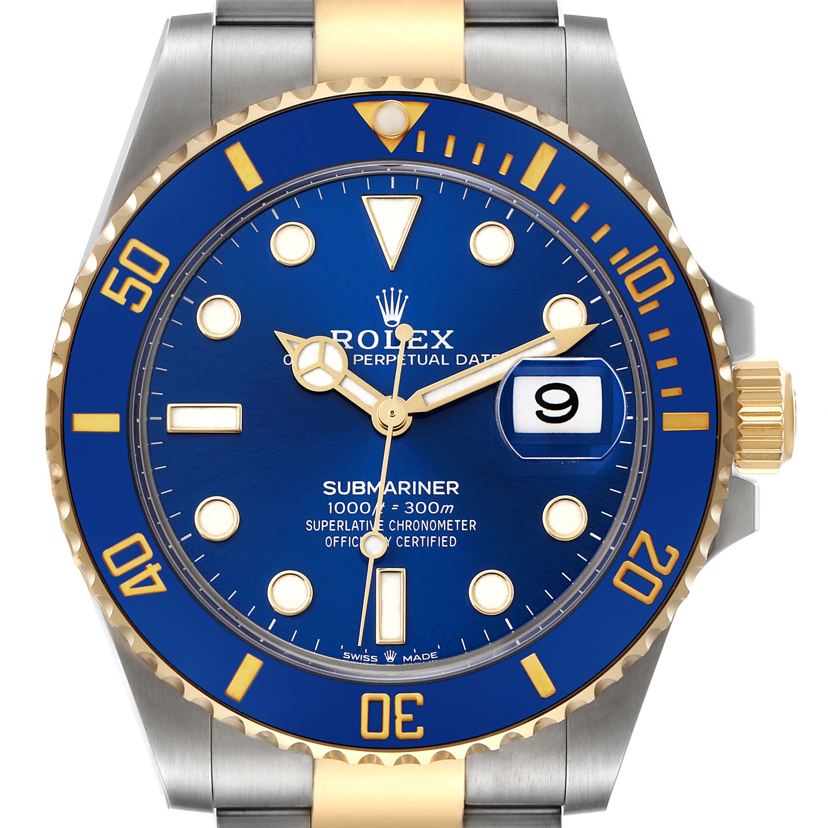 This image shows a front view of a Rolex Submariner 126613 Men's Steel and Gold (two tone) Blue Dial 126613 Men's Steel and Gold (two tone) Blue Dial watch, highlighting its blue dial, date display, and two-tone bracelet.
