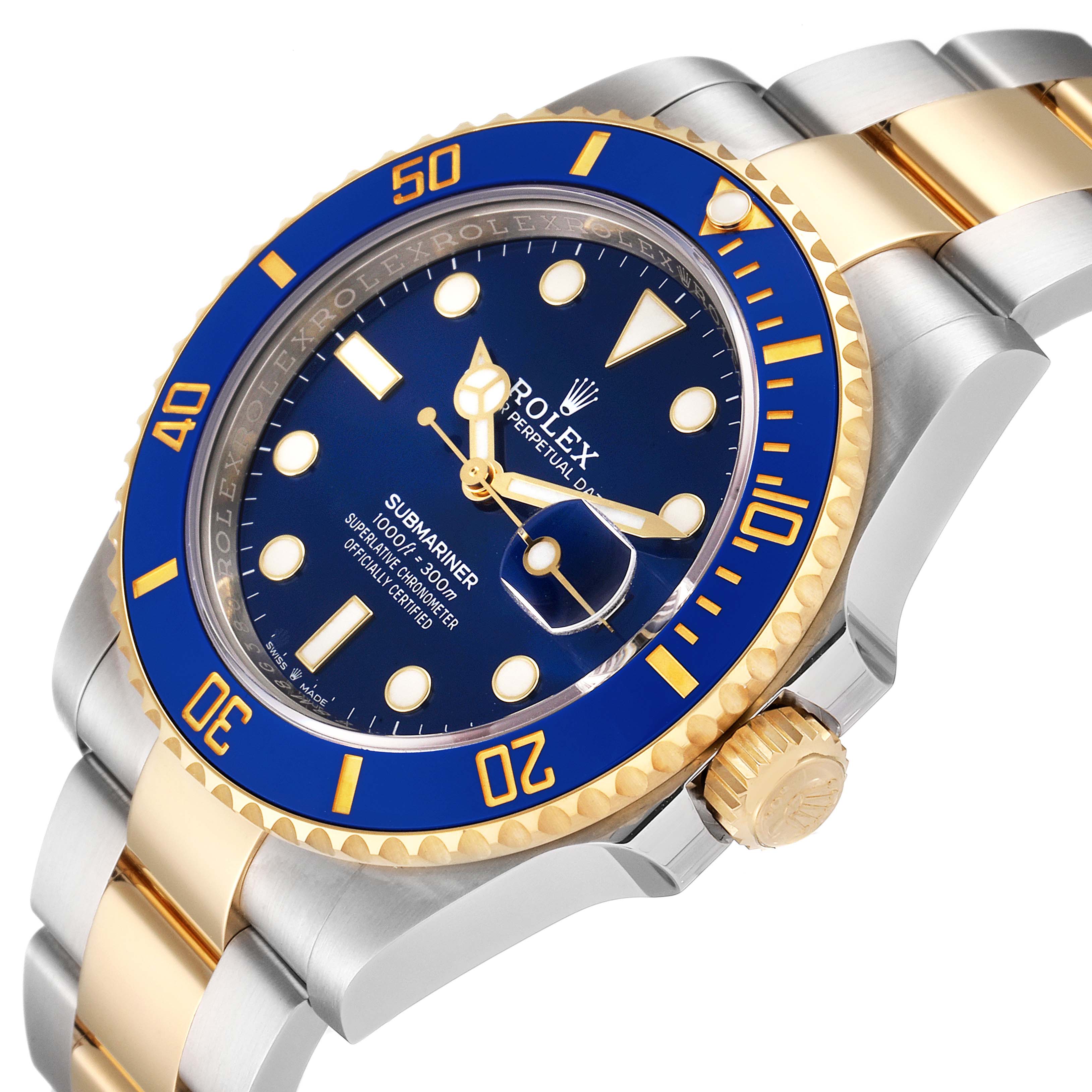 This image shows a Rolex Submariner 126613LB Men's Steel and Gold (two tone) Blue Dial 126613LB Men's Steel and Gold (two tone) Blue Dial watch from a three-quarter angle, highlighting the dial, bezel, crown, and bracelet.