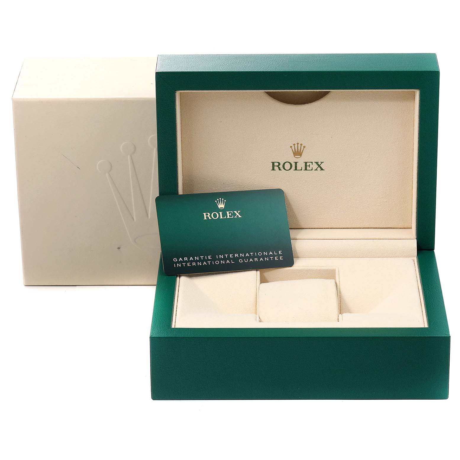 The image shows the open case and international guarantee card for a Rolex Submariner 126613LB Men's Steel and Gold (two tone) Blue Dial 126613LB Men's Steel and Gold (two tone) Blue Dial watch.