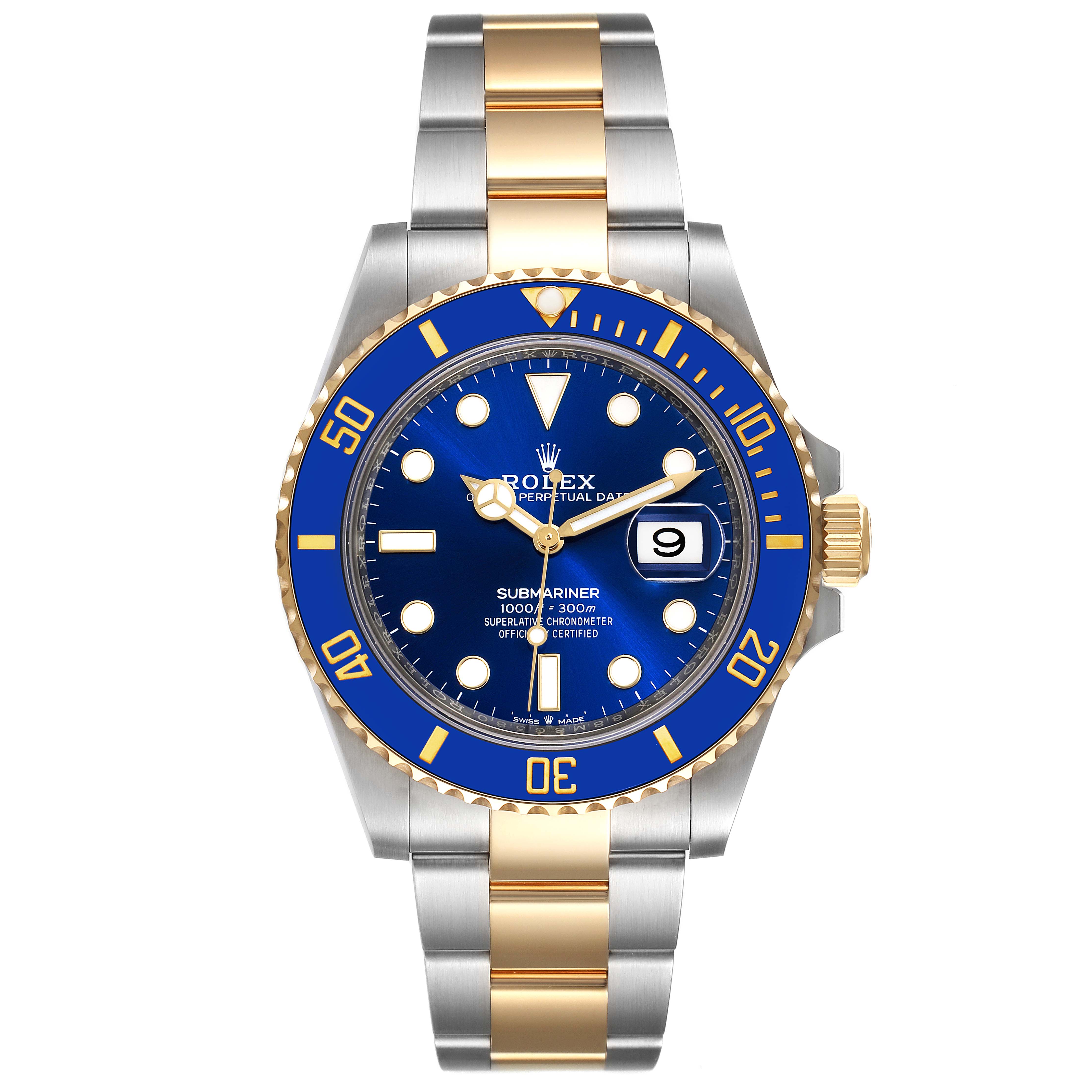 This image shows the front view of a Rolex Submariner 126613LB Men's Steel and Gold (two tone) Blue Dial 126613LB Men's Steel and Gold (two tone) Blue Dial watch, displaying its blue dial, bezel, and two-tone metal bracelet.