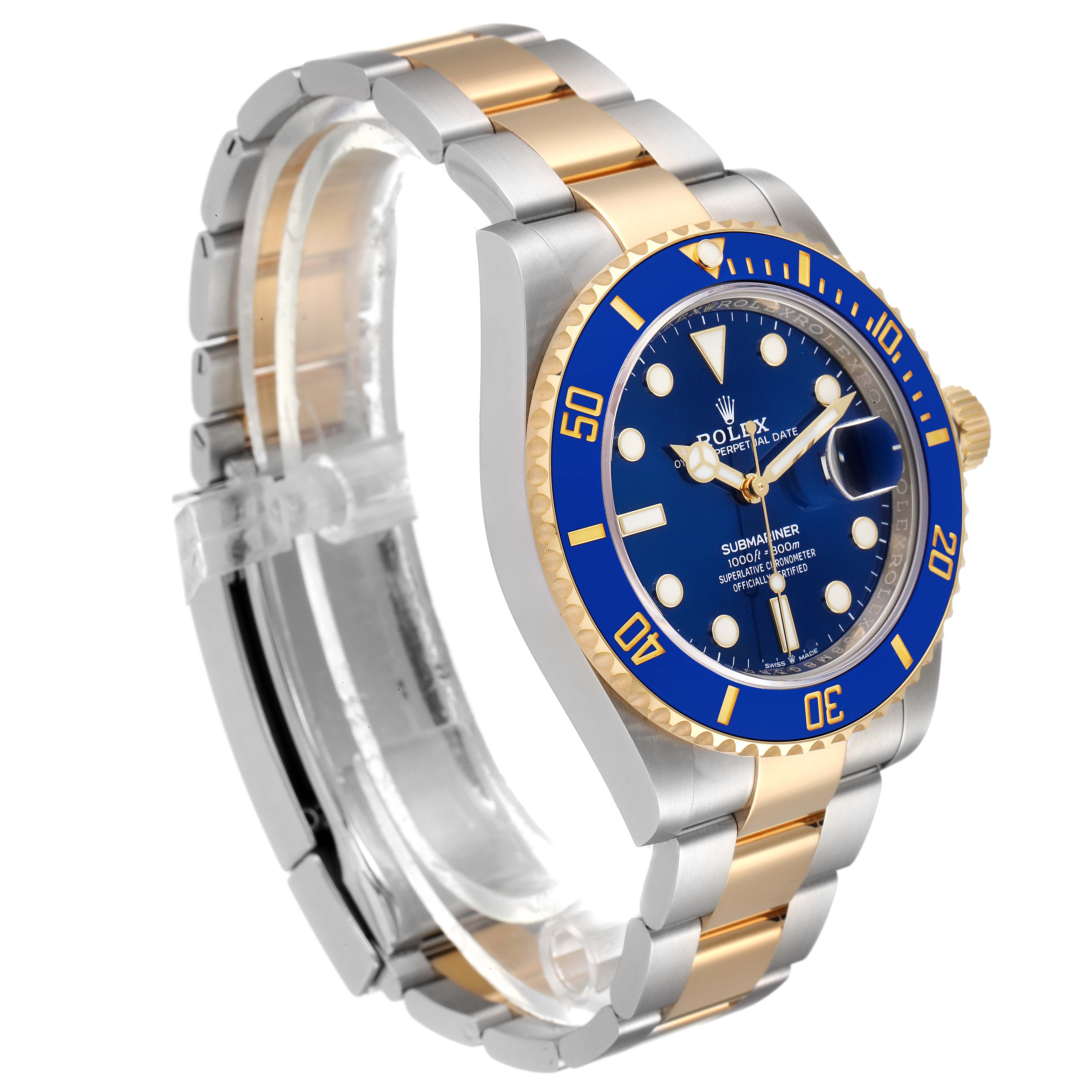 The image shows a Rolex Submariner 126613LB Men's Steel and Gold (two tone) Blue Dial 126613LB Men's Steel and Gold (two tone) Blue Dial watch at a three-quarter angle, highlighting the blue dial, bezel, and two-tone bracelet.