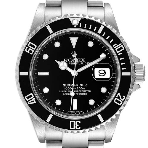 The image shows a front view of a Rolex Submariner watch, displaying its dial, bezel, and part of the bracelet.