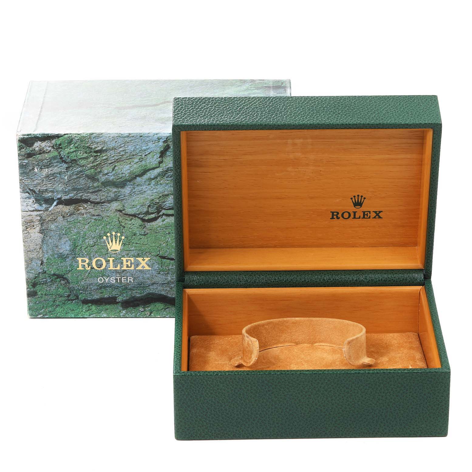 The image shows an open Rolex Submariner 16610 Men
s Stainless Steel Black Dial 16610 Men
s Stainless Steel Black Dial watch box with a green exterior and wooden interior.