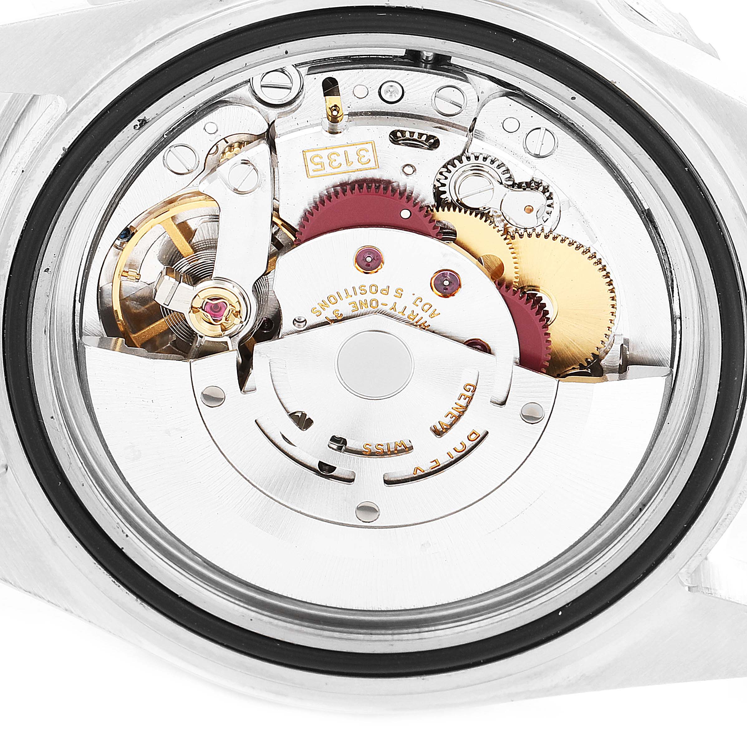 This image shows the inner mechanical movement components viewed from the back of a Rolex Submariner 16610 Men
s Stainless Steel Black Dial 16610 Men
s Stainless Steel Black Dial watch.