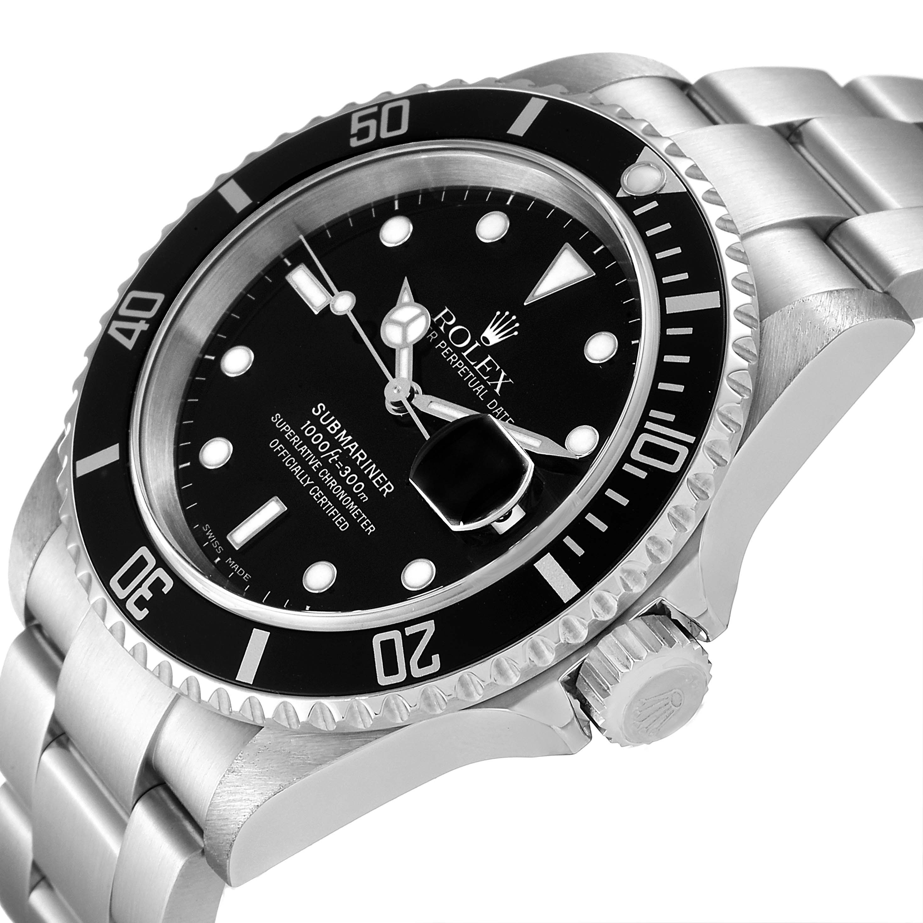 The image shows a close-up angled view of a Rolex Submariner 16610 Men
s Stainless Steel Black Dial 16610 Men
s Stainless Steel Black Dial watch face with details of the bezel and bracelet.