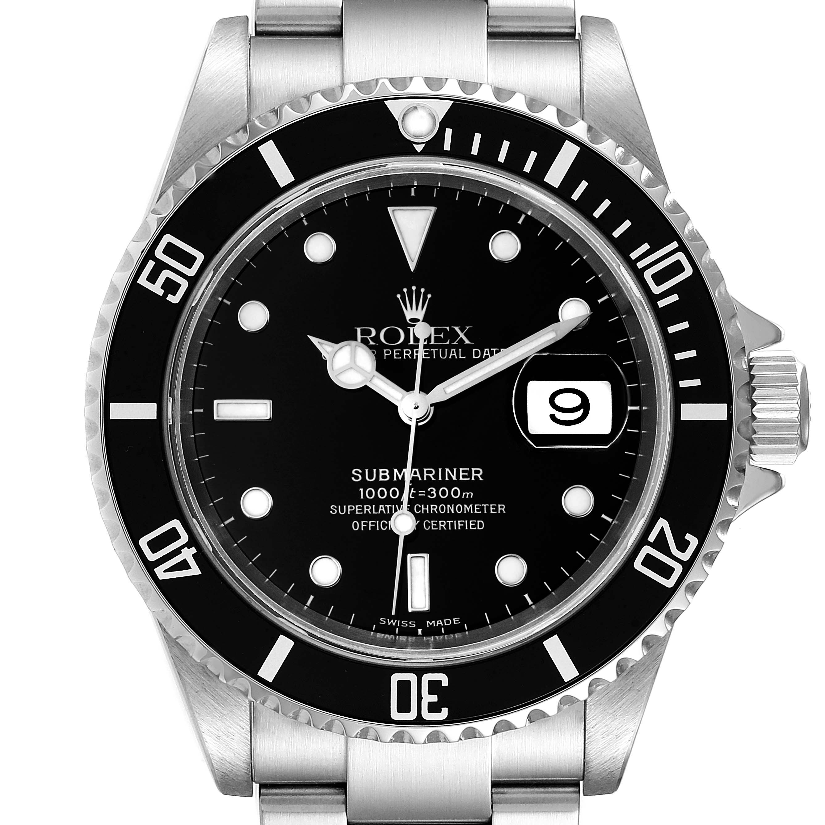 The image shows a front view of a Rolex Submariner 16610 Men
s Stainless Steel Black Dial 16610 Men
s Stainless Steel Black Dial watch, displaying its face, bezel, and part of the bracelet.
