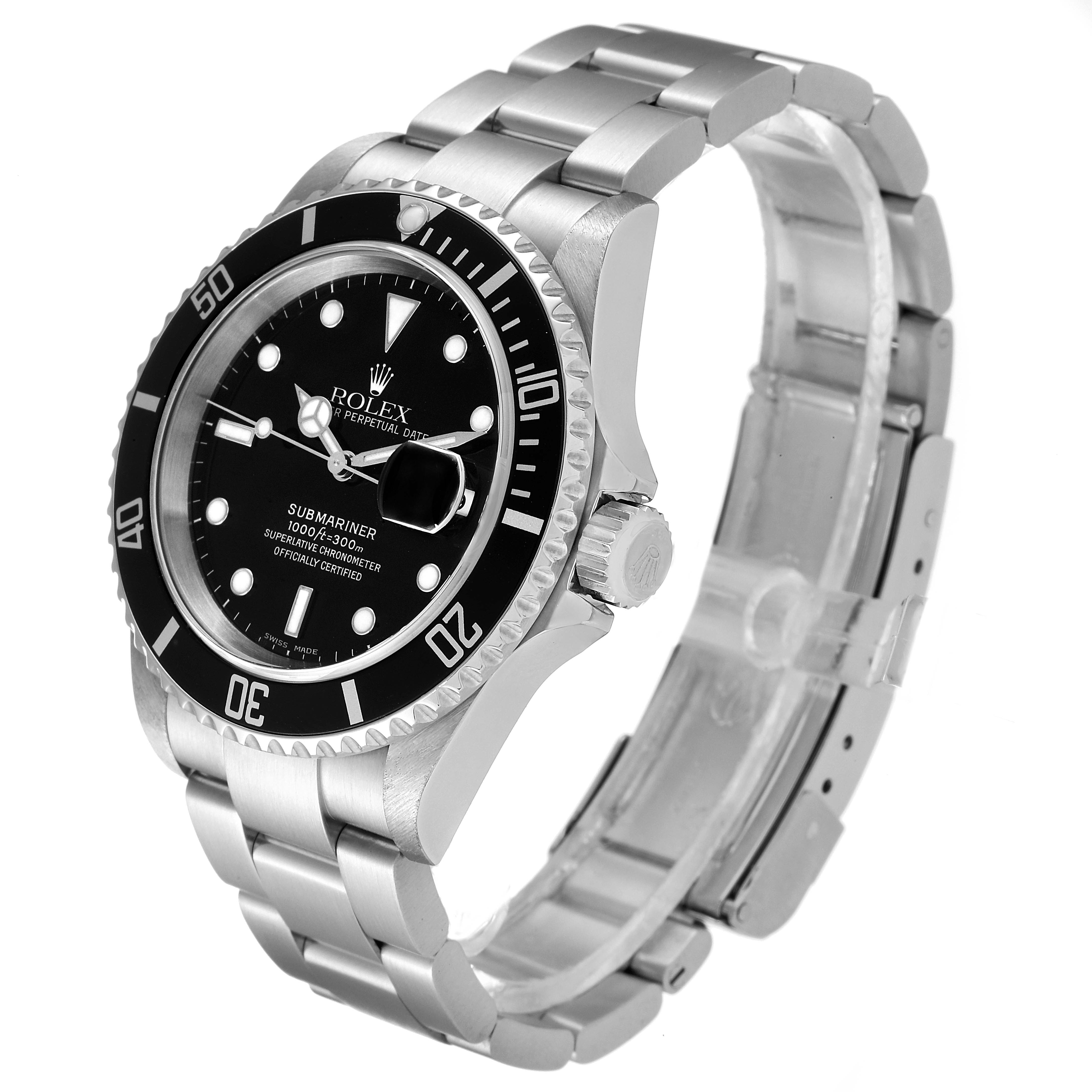 This image shows a Rolex Submariner 16610 Men
s Stainless Steel Black Dial 16610 Men
s Stainless Steel Black Dial watch from an angle highlighting the face, bezel, case, and bracelet.