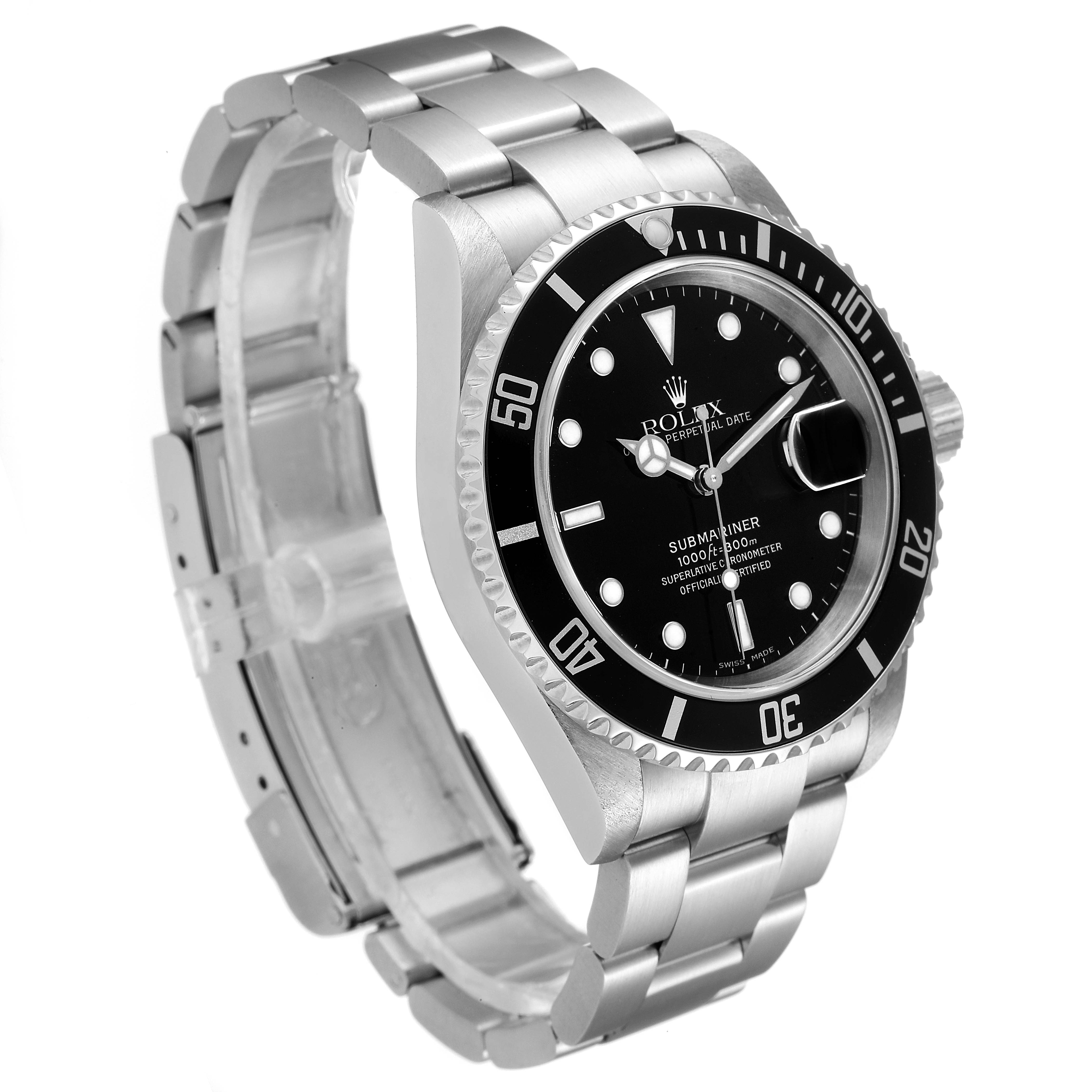 The image shows a Rolex Submariner 16610 Men
s Stainless Steel Black Dial 16610 Men
s Stainless Steel Black Dial watch at a three-quarter angle, highlighting the face, bezel, and bracelet.