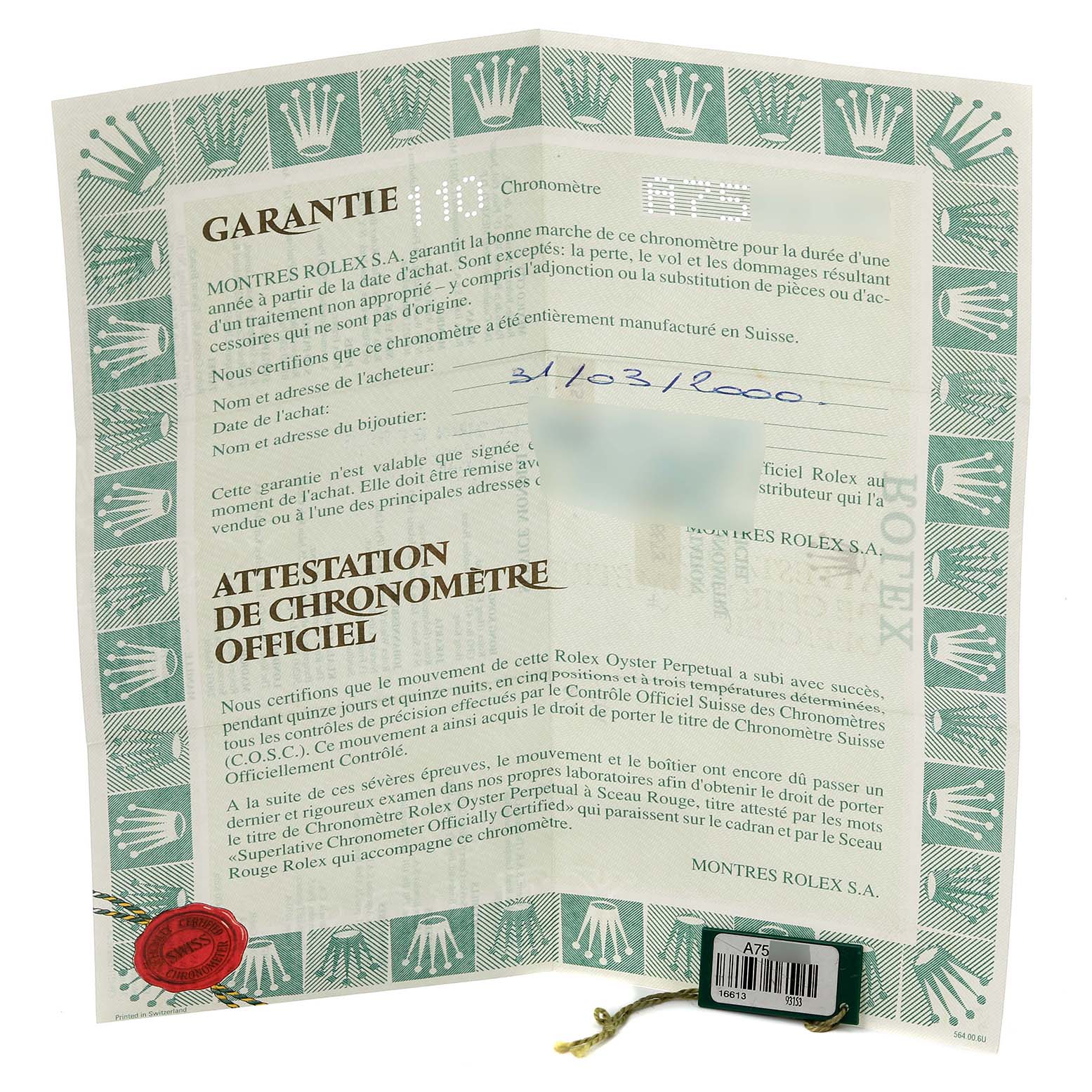 The image shows the warranty certificate and tag for a Rolex Submariner 16613 Men's Steel and Gold (two tone) Blue Dial 16613 Men's Steel and Gold (two tone) Blue Dial watch.