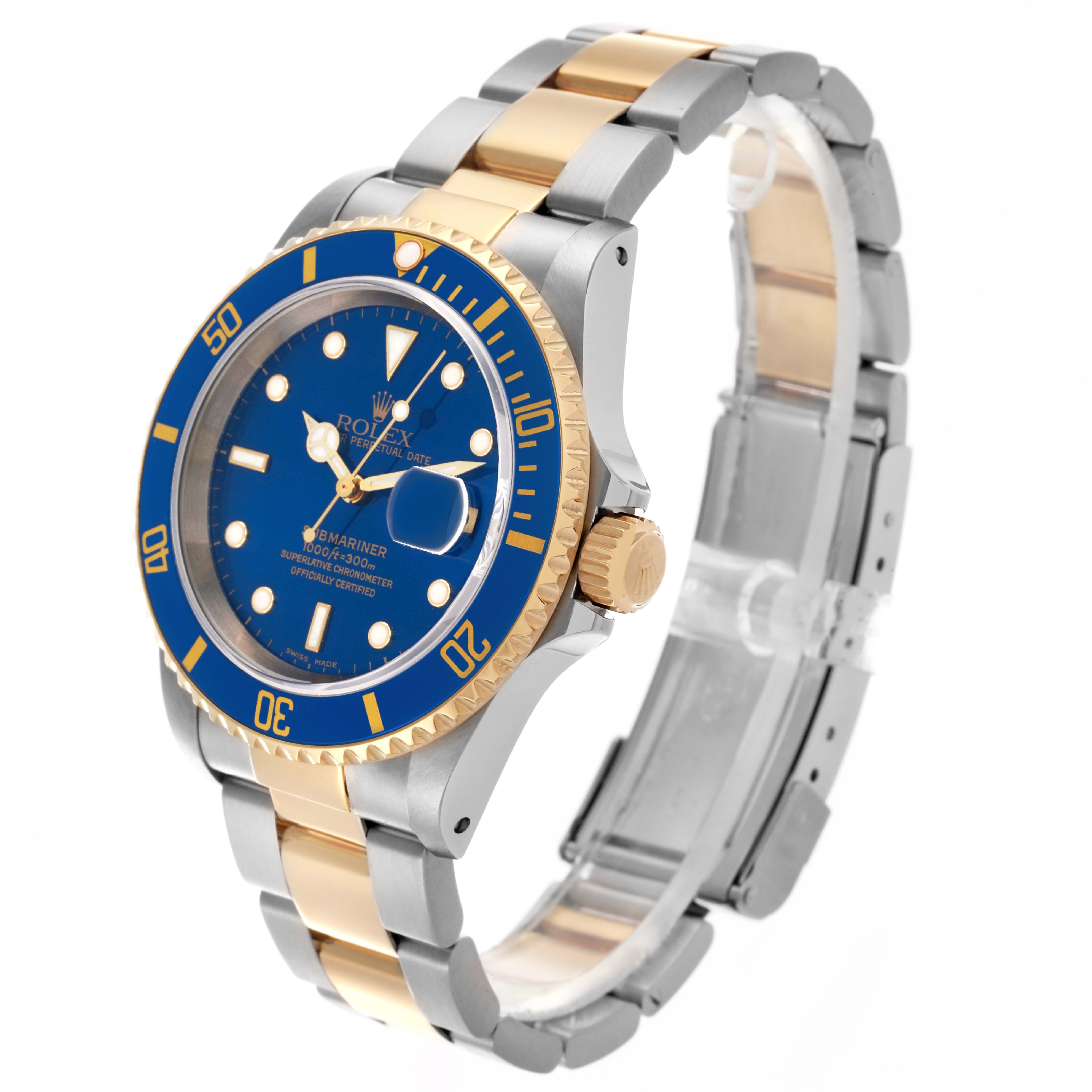 The image shows a Rolex Submariner 16613 Men's Steel and Gold (two tone) Blue Dial 16613 Men's Steel and Gold (two tone) Blue Dial watch from an angled side view, highlighting the blue dial, bezel, crown, and two-tone bracelet.