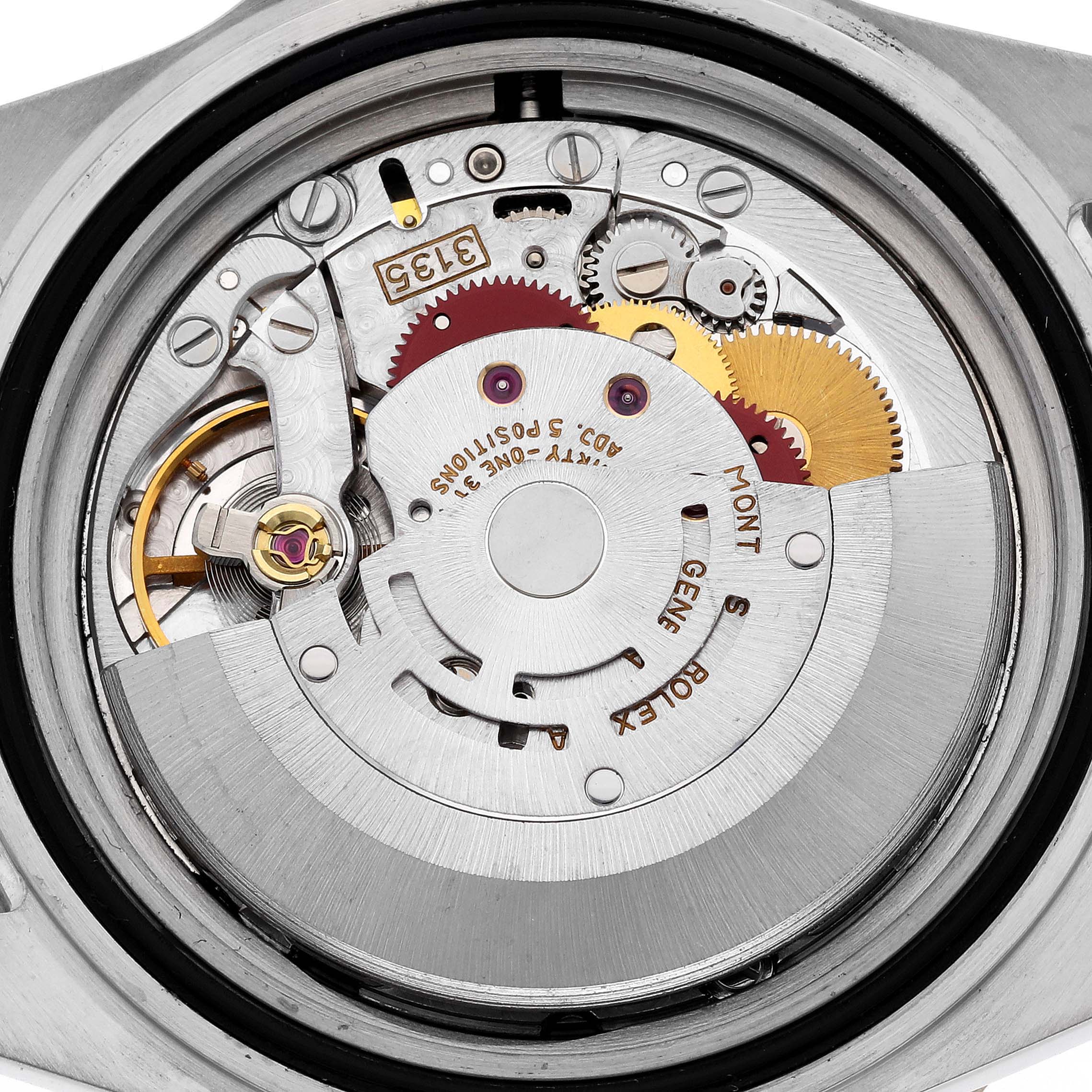 This image shows the internal mechanism of a Rolex Submariner 16613 Men's Steel and Gold (two tone) Blue Dial 16613 Men's Steel and Gold (two tone) Blue Dial watch from a top-down angle, highlighting the gears and movement.
