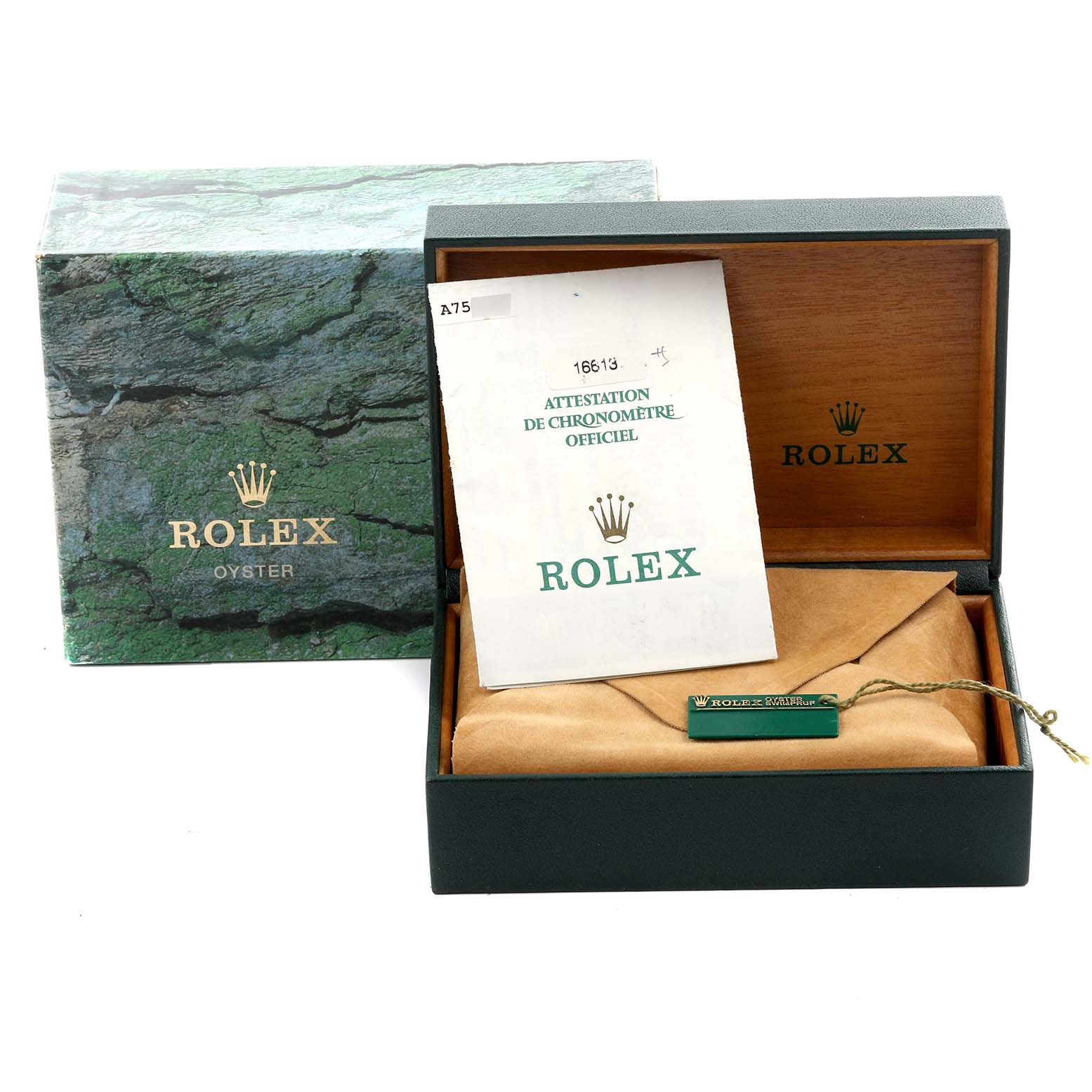 The image shows a Rolex Submariner 16613 Men's Steel and Gold (two tone) Blue Dial 16613 Men's Steel and Gold (two tone) Blue Dial box with a manual and tag, viewed from the front angle.