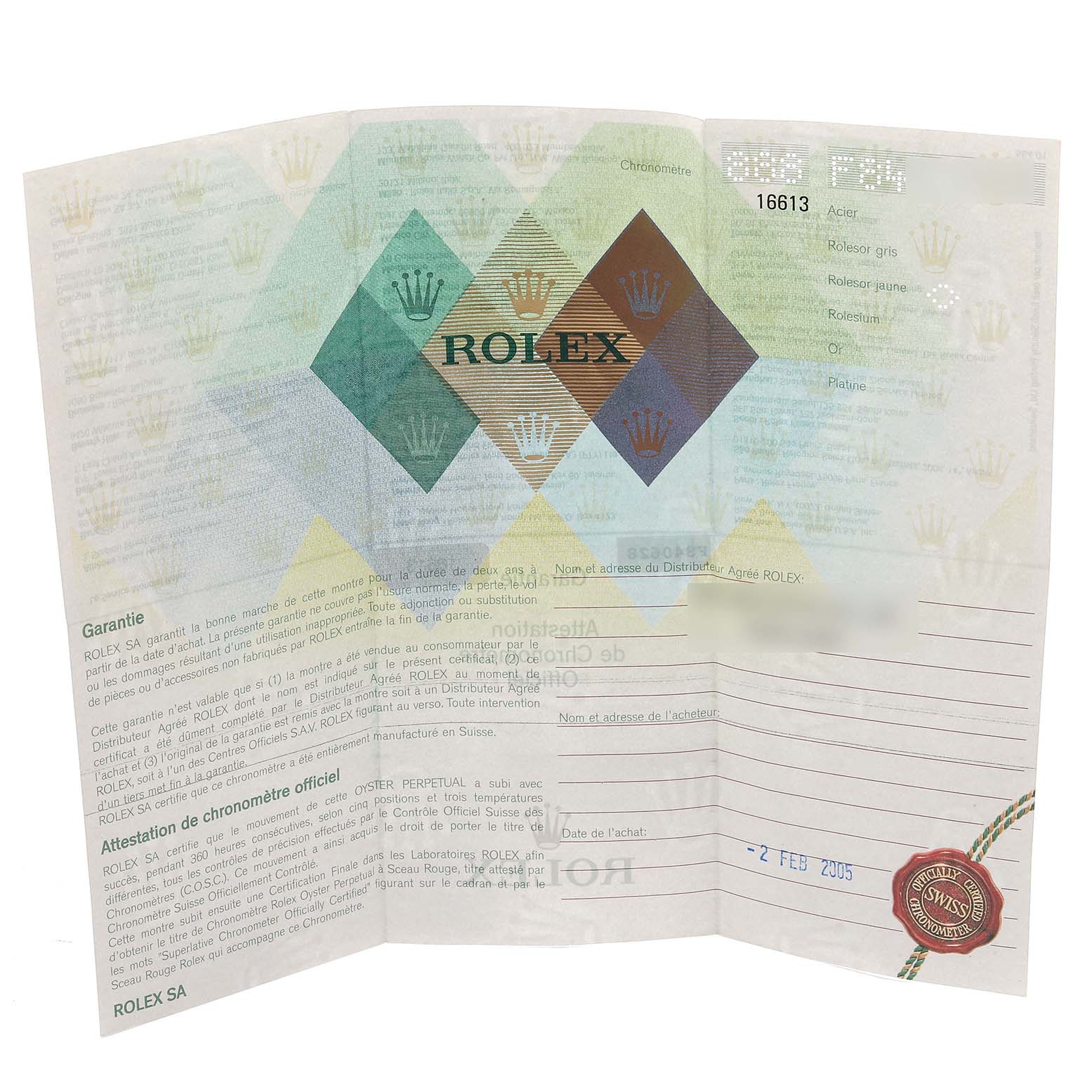The image shows the warranty paperwork for a Rolex Submariner 16613 Men's Steel and Gold (two tone) Blue Dial 16613 Men's Steel and Gold (two tone) Blue Dial, featuring the Rolex logo and text.