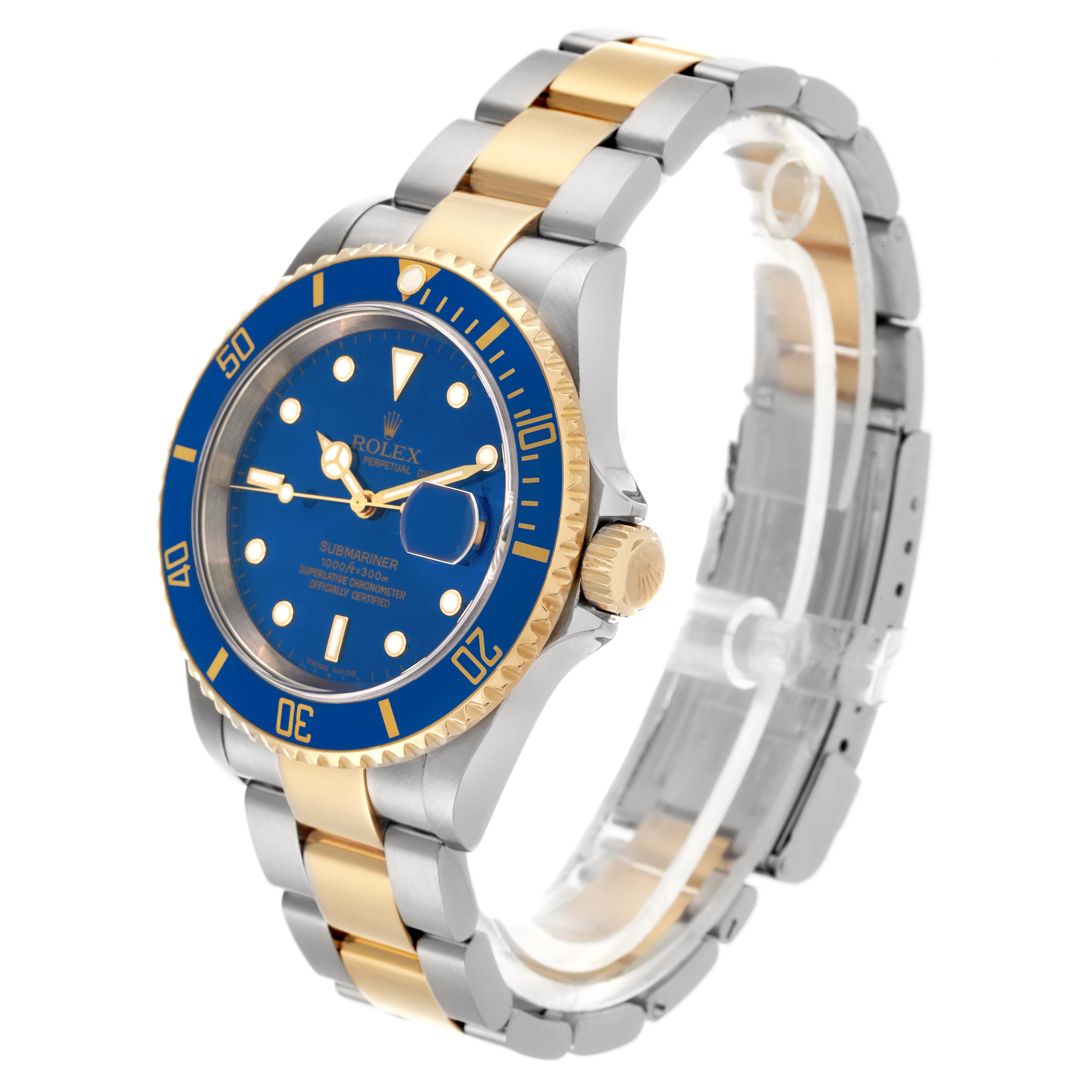 The Rolex Submariner 16613 Men's Steel and Gold (two tone) Blue Dial 16613 Men's Steel and Gold (two tone) Blue Dial watch is shown at a three-quarter angle, highlighting the bezel, dial, bracelet, and crown.