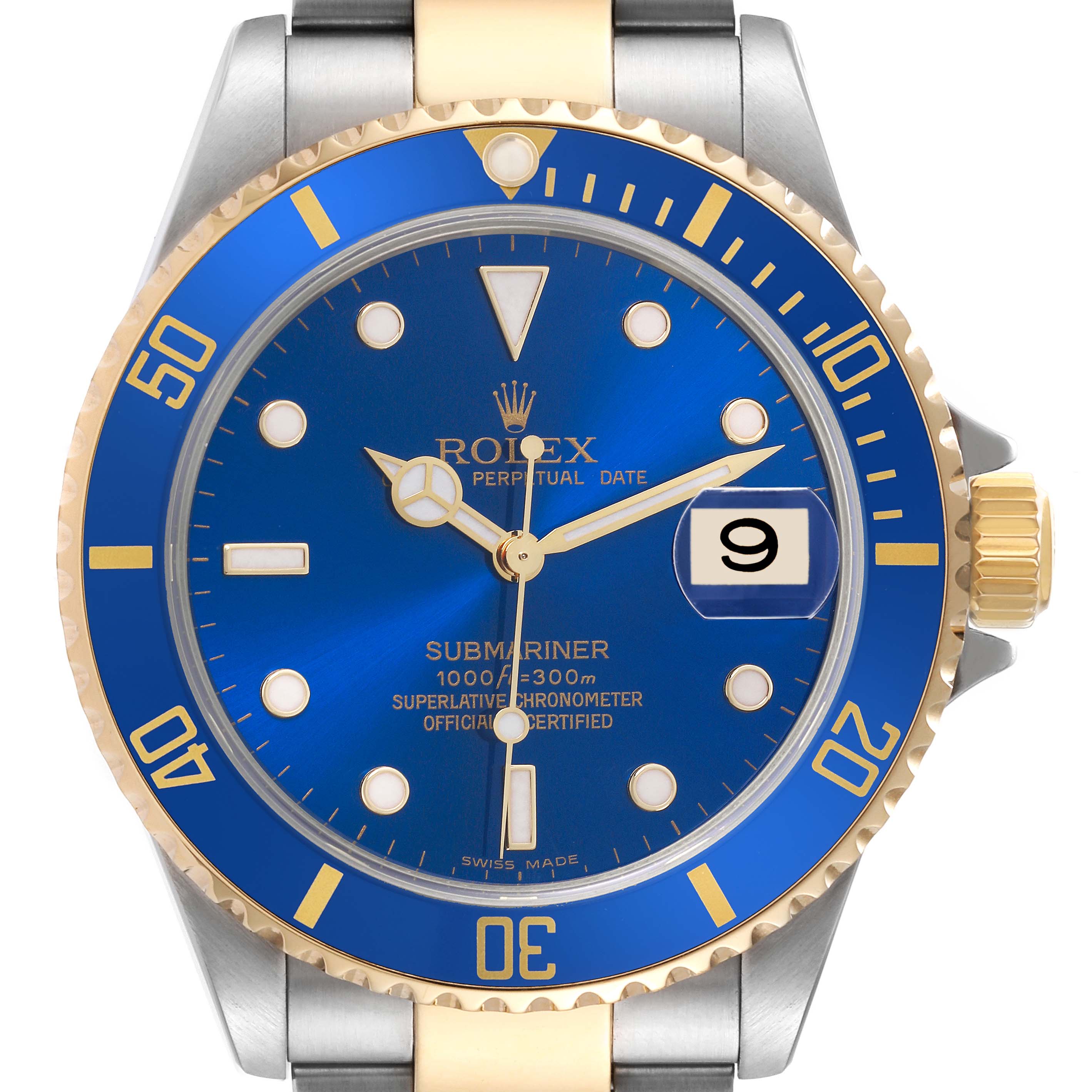 The Rolex Submariner 16613 Men's Steel and Gold (two tone) Blue Dial 16613 Men's Steel and Gold (two tone) Blue Dial watch is shown from the front, displaying the dial, bezel, and crown.
