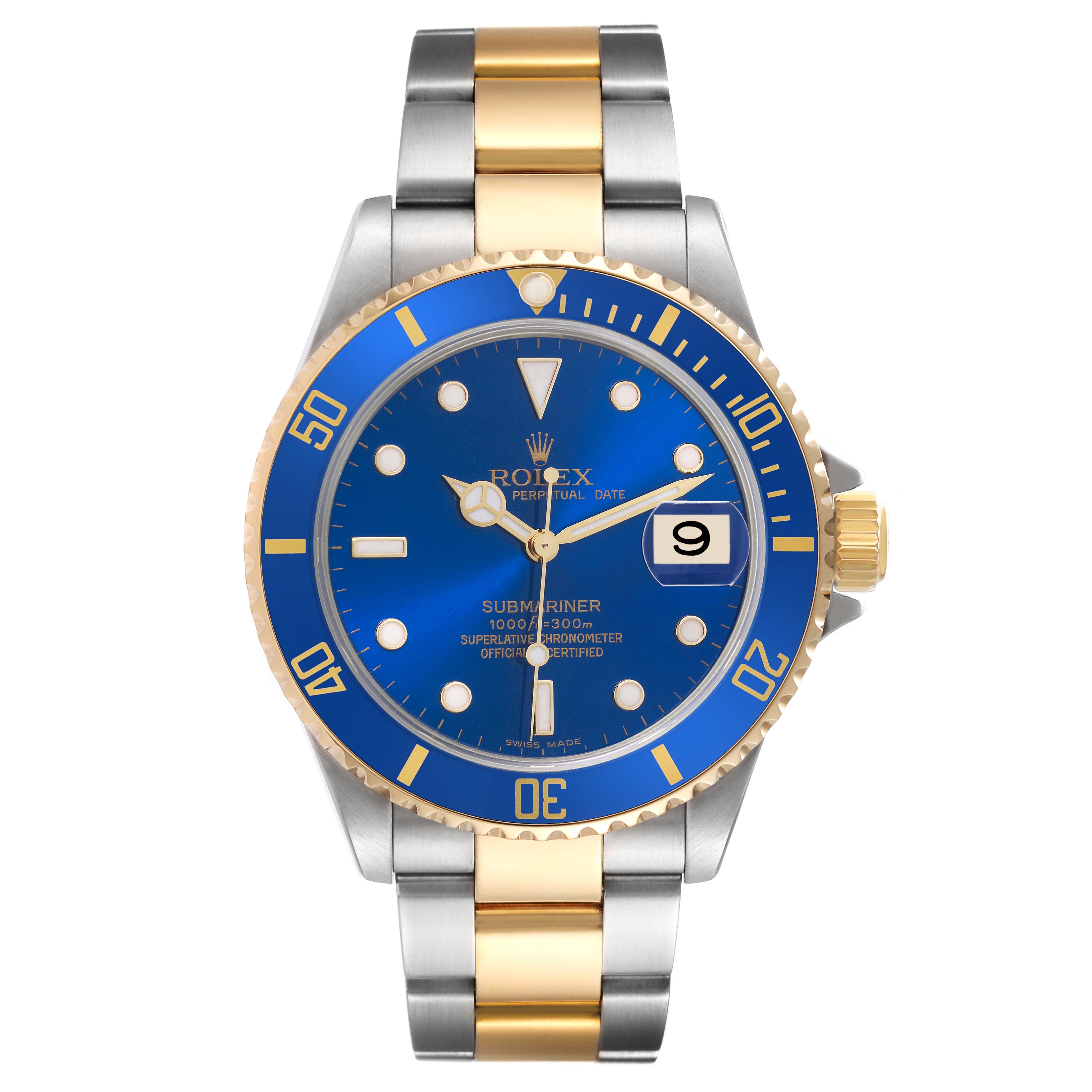 The Rolex Submariner 16613 Men's Steel and Gold (two tone) Blue Dial 16613 Men's Steel and Gold (two tone) Blue Dial watch is shown from a front angle, highlighting the blue dial, bezel, and two-tone bracelet.