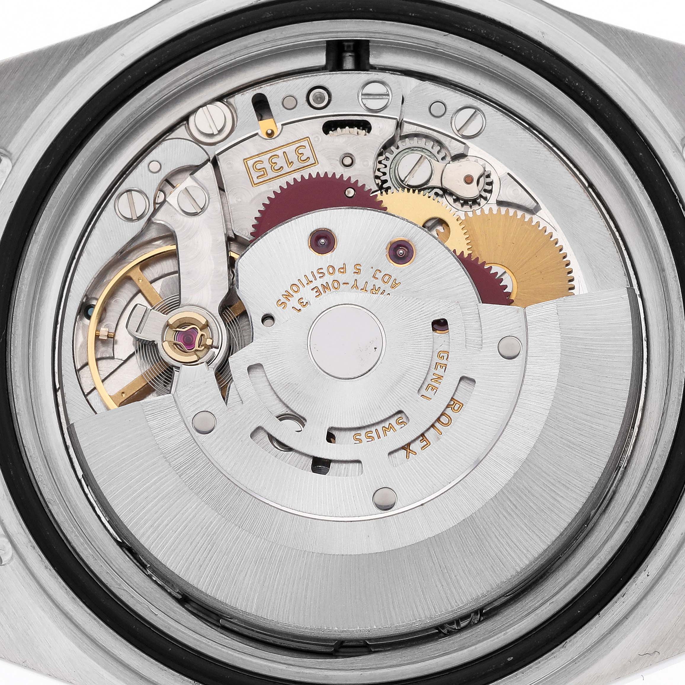 The image shows an interior close-up of the Rolex Submariner 16613 Men's Steel and Gold (two tone) Blue Dial 16613 Men's Steel and Gold (two tone) Blue Dial's movement and gears from the back angle.