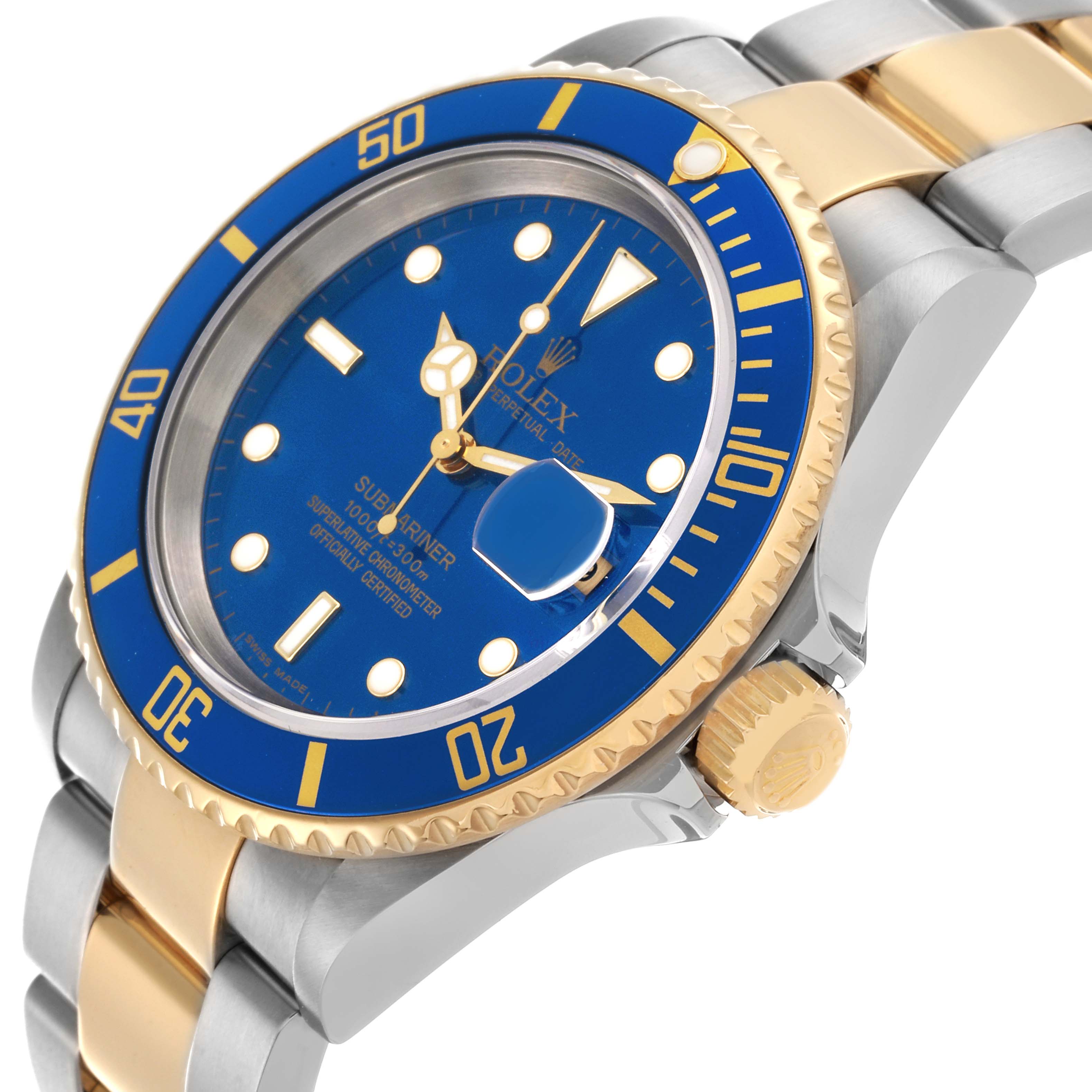 The Rolex Submariner 16613 Men's Steel and Gold (two tone) Blue Dial 16613 Men's Steel and Gold (two tone) Blue Dial watch is shown at an angled side view, displaying the blue dial, bezel, crown, and two-tone bracelet.