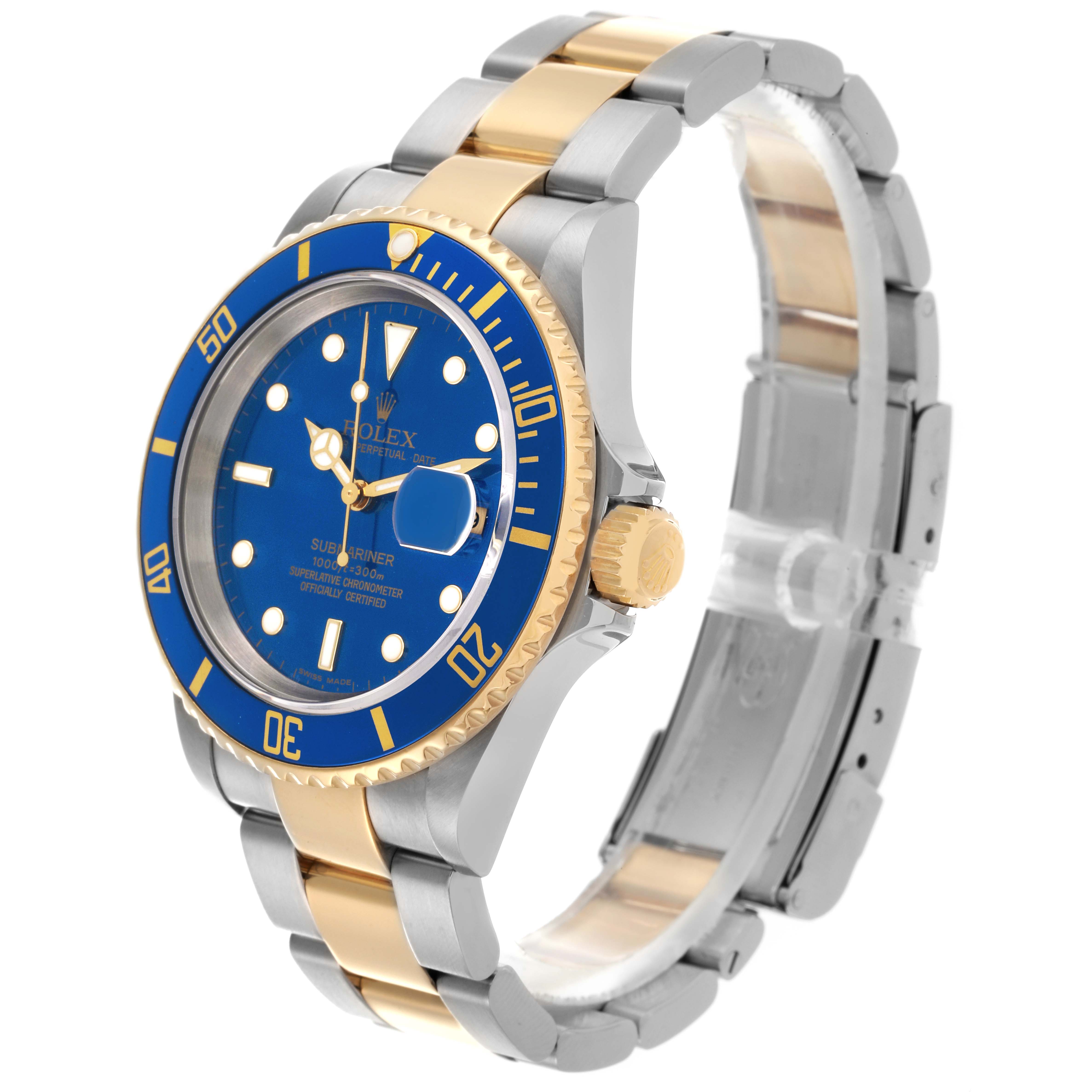The Rolex Submariner 16613 Men's Steel and Gold (two tone) Blue Dial 16613 Men's Steel and Gold (two tone) Blue Dial is shown at a three-quarter angle, highlighting the blue dial, bezel, and two-tone bracelet.