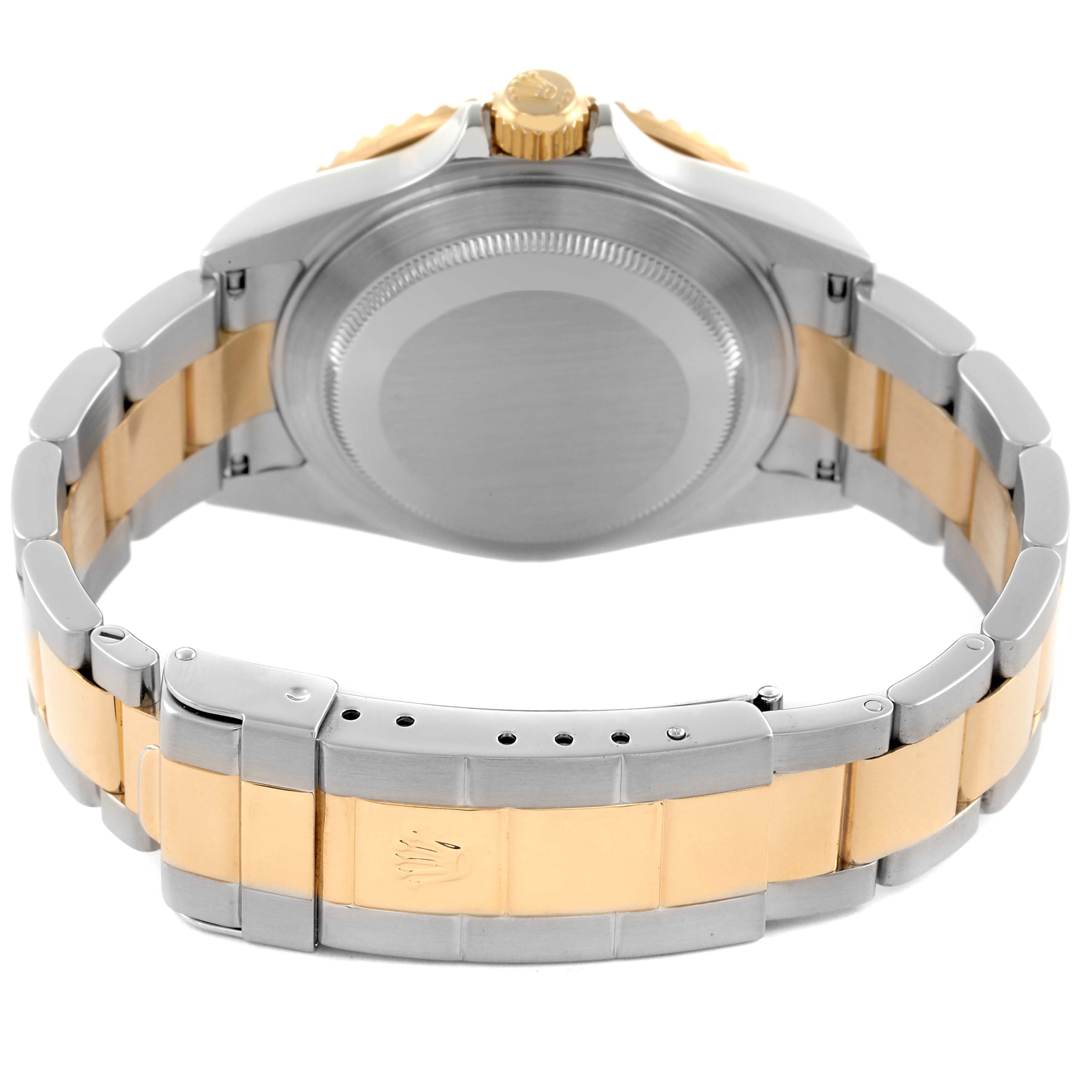 The image shows the back and clasp of the Rolex Submariner 16613 Men's Steel and Gold (two tone) Blue Dial 16613 Men's Steel and Gold (two tone) Blue Dial, featuring a two-tone metal band.