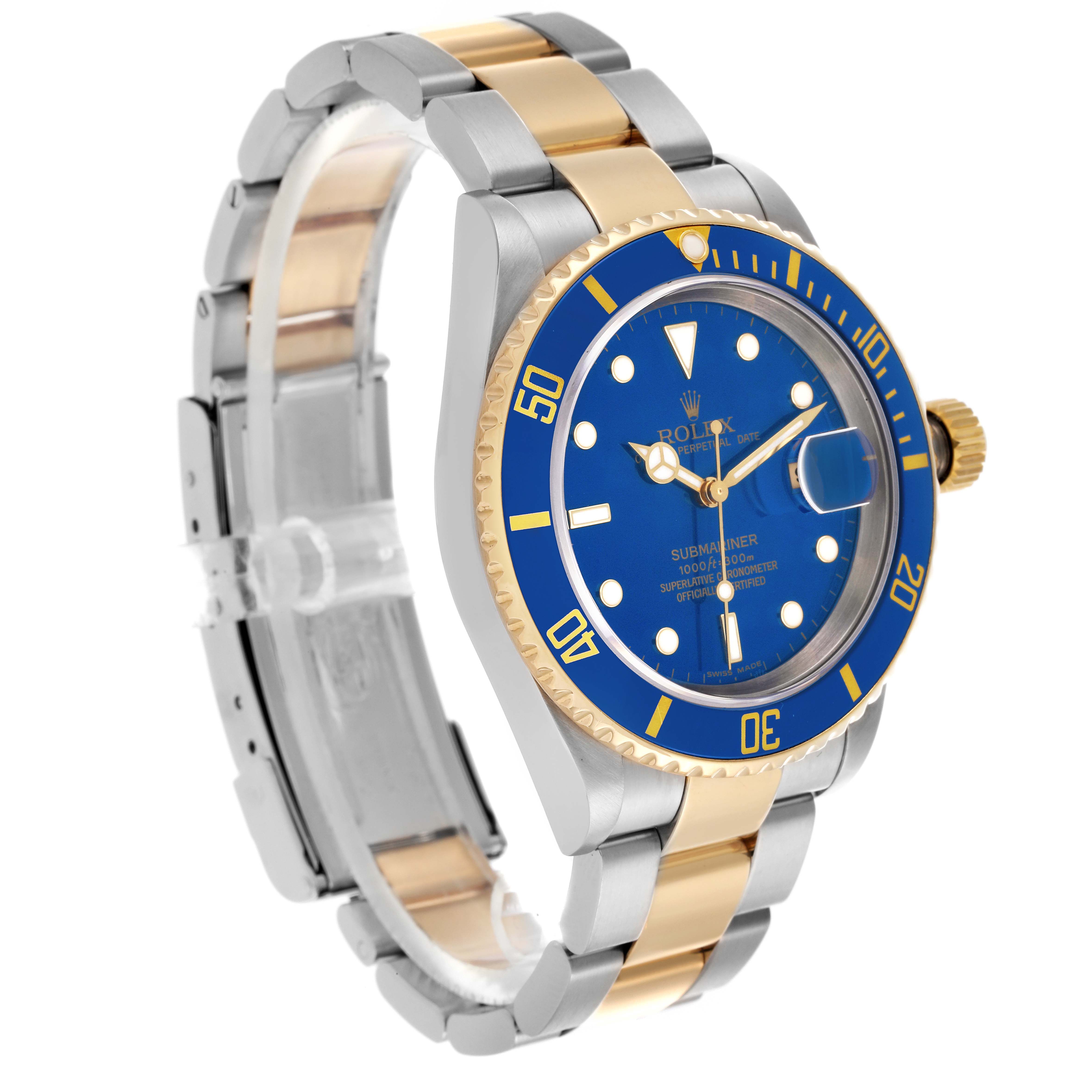 The Rolex Submariner 16613 Men's Steel and Gold (two tone) Blue Dial 16613 Men's Steel and Gold (two tone) Blue Dial watch is shown at an angled side view, highlighting the blue dial and two-tone bracelet.