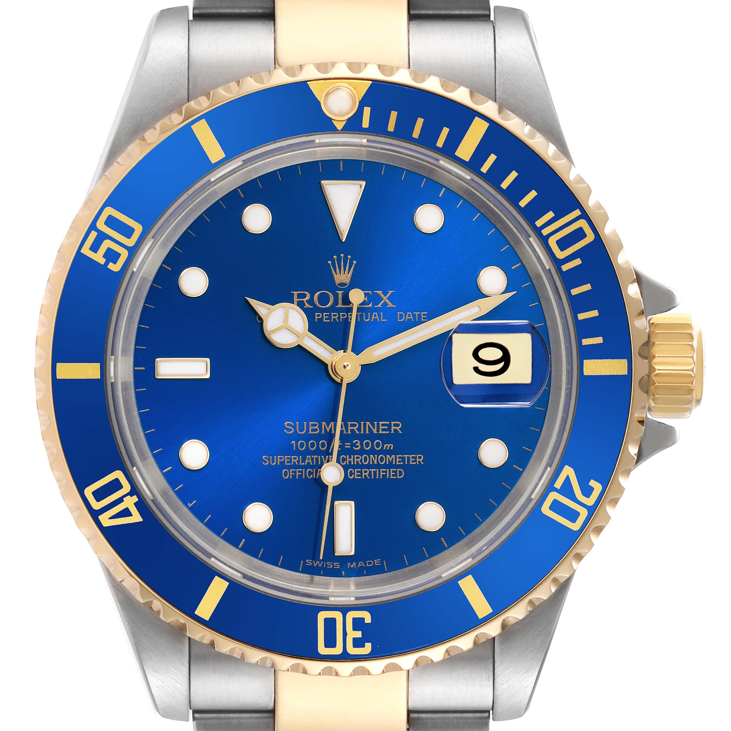 The image shows a close-up of the Rolex Submariner 16613 Men's Steel and Gold (two tone) Blue Dial 16613 Men's Steel and Gold (two tone) Blue Dial watch face, bezel, crown, and part of the bracelet.