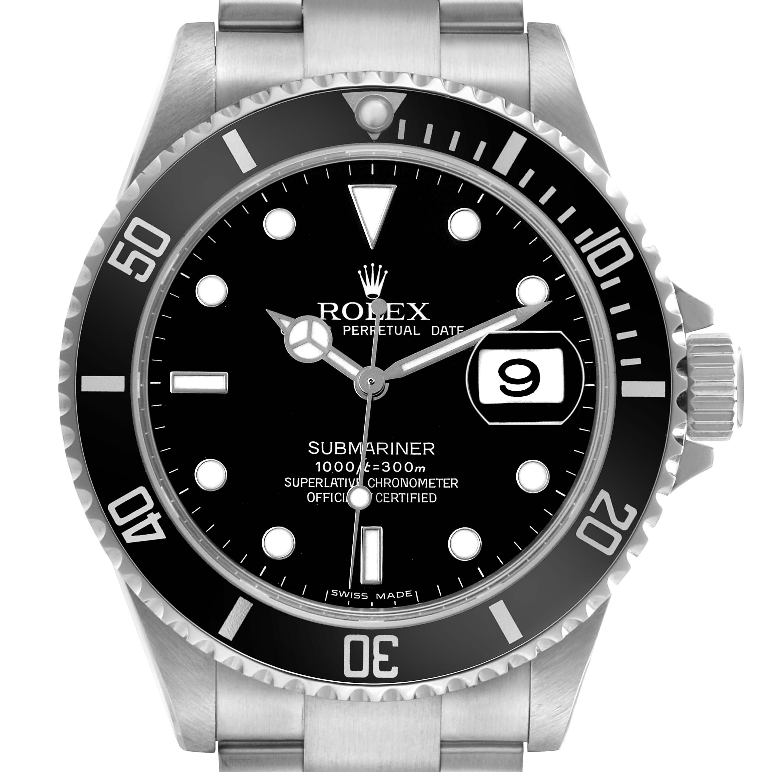 The Rolex Submariner 16610 Men's Stainless Steel Black Dial watch is shown from the front, highlighting its dial, bezel, hands, and bracelet.