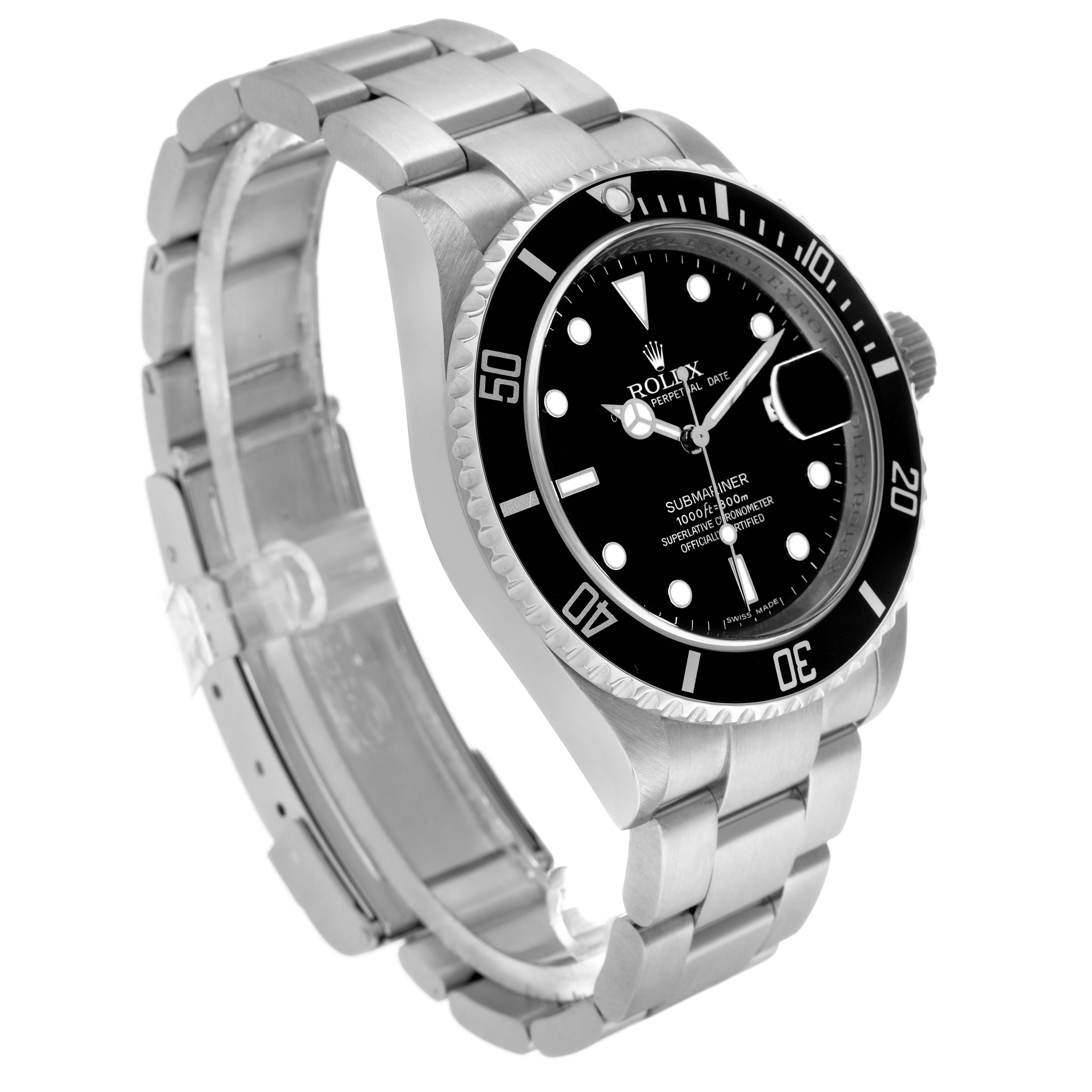 The Rolex Submariner 16610 Men's Stainless Steel Black Dial watch is shown at a three-quarter angle, displaying the bezel, dial, and part of the bracelet.