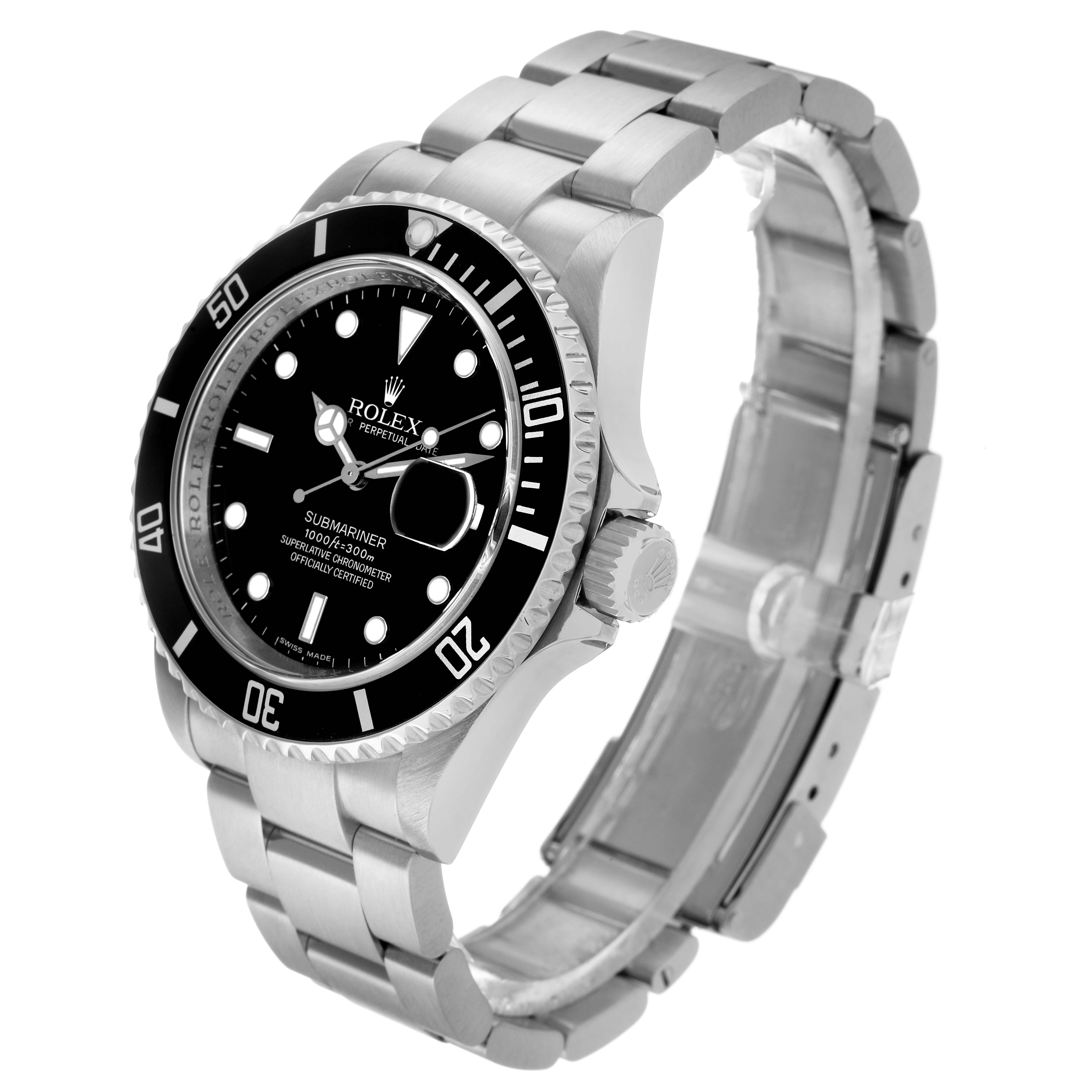 The Rolex Submariner 16610 Men's Stainless Steel Black Dial watch is shown at an angled view, highlighting the dial, bezel, crown, and bracelet.