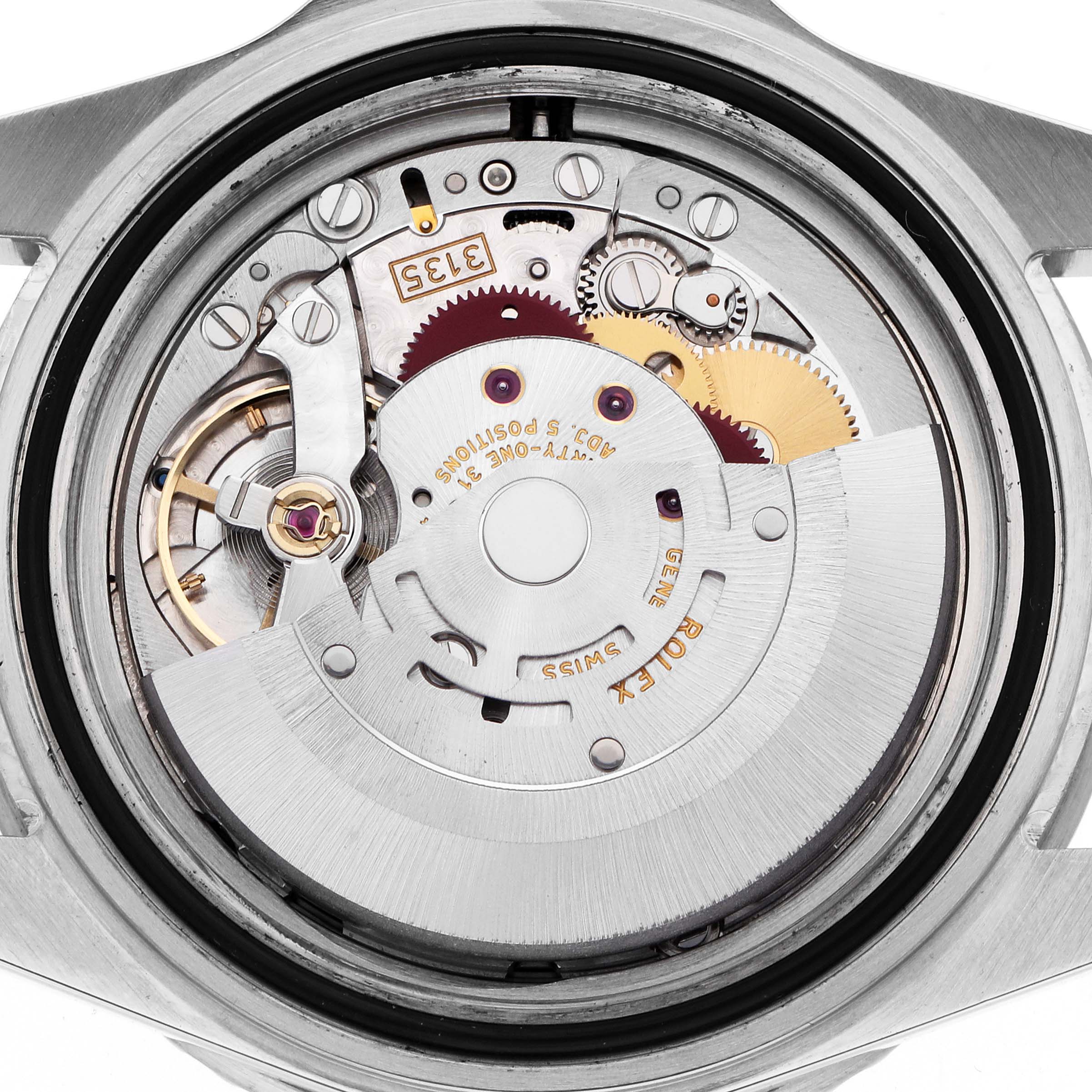 The image shows the intricate movement and rotor of a Rolex Submariner 16610 Men's Stainless Steel Black Dial watch from a top-down angle.